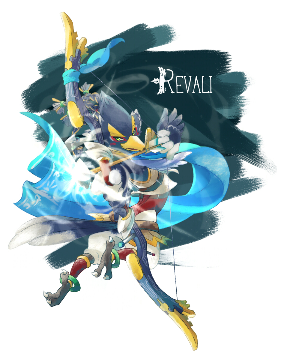 1boy aiming animal_feet anklet arms_up arrow_(projectile) beak bird_boy bird_legs bird_tail blue_background blue_fur blue_hair blue_scarf blue_theme blush_stickers body_fur bow_(weapon) braid character_name claws commentary_request drawing_bow english_text from_behind full_body furry furry_male glint green_eyes hair_tie highres holding holding_arrow holding_bow_(weapon) holding_weapon jewelry leg_warmers looking_back male_focus medium_hair open_mouth partial_commentary quad_tails revali rito scarf solo tail the_legend_of_zelda the_legend_of_zelda:_breath_of_the_wild two-tone_fur ukata weapon white_fur winged_arms wings