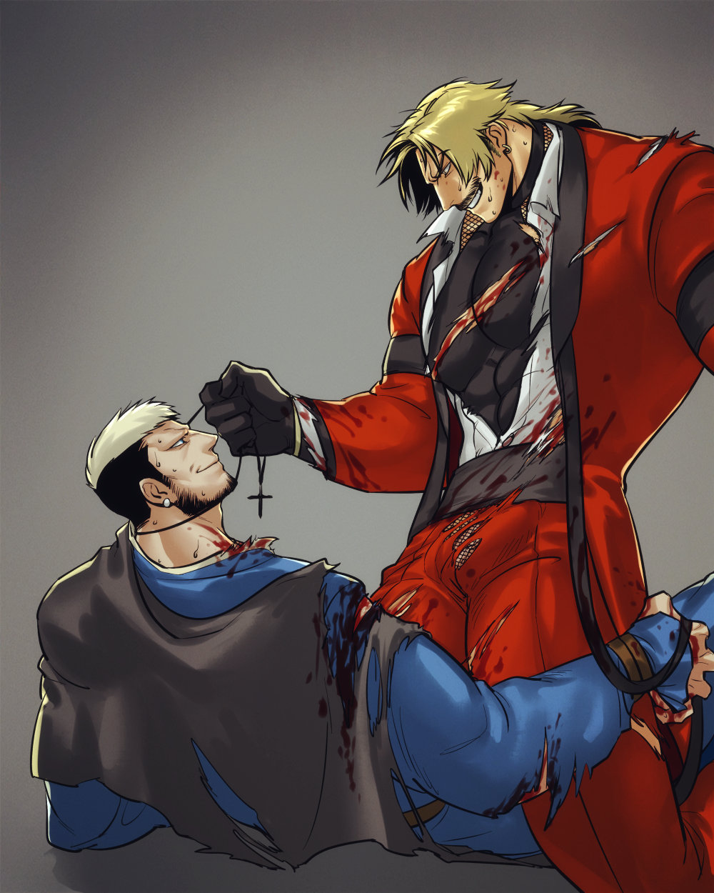 2boys bara beard blonde_hair blood blood_on_clothes blood_on_face bulge cross cross_necklace ear_piercing erection erection_under_clothes eye_contact facial_hair feet_out_of_frame fishnet_sleeves goenitz highres jewelry large_pectorals long_hair long_sleeves looking_at_another looking_down male_focus multicolored_hair multiple_boys muscular muscular_male mustache necklace necklace_pull pectorals penis penis_peek piercing priest rugal_bernstein shirt short_hair sideburns smile snaaaking straddling taut_clothes taut_shirt the_king_of_fighters thick_thighs thighs torn_clothes torn_shirt two-tone_hair yaoi