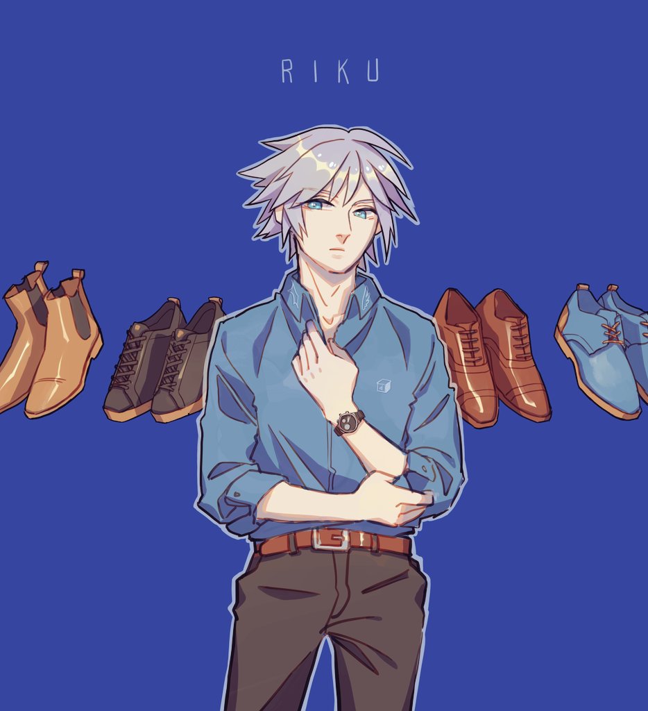 1boy alternate_costume aqua_eyes belt belt_buckle black_footwear black_pants blue_background blue_footwear blue_shirt boots brown_belt brown_footwear buckle casual character_name closed_mouth collared_shirt cowboy_shot dddagneo dress_shoes grey_hair kingdom_hearts kingdom_hearts_iii looking_at_viewer male_focus pants riku_(kingdom_hearts) shirt shoes short_hair sleeves_rolled_up solo standing watch wristwatch