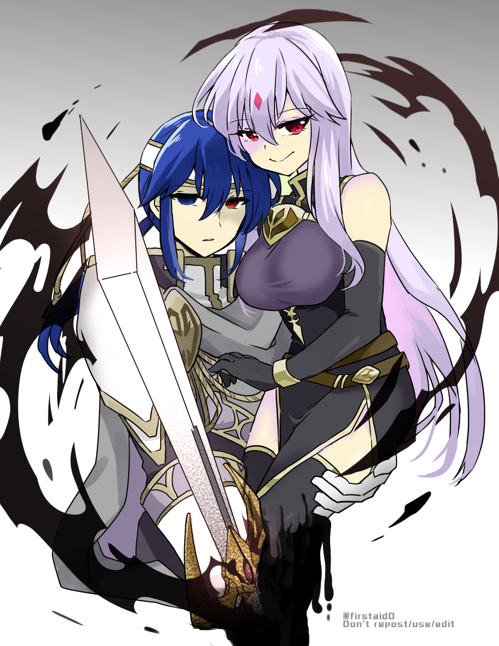 1boy 1girl alternate_costume aura bare_shoulders blue_eyes breasts brother_and_sister corruption dark_aura dark_persona evil_grin evil_smile facial_mark fire_emblem fire_emblem:_genealogy_of_the_holy_war forehead_mark grin headband heterochromia highres holding julia_(fire_emblem) long_hair mind_control ponytail purple_hair red_eyes seliph_(fire_emblem) siblings simple_background smile sword thighs tyrfing_(fire_emblem) weapon white_headband yukia_(firstaid0)