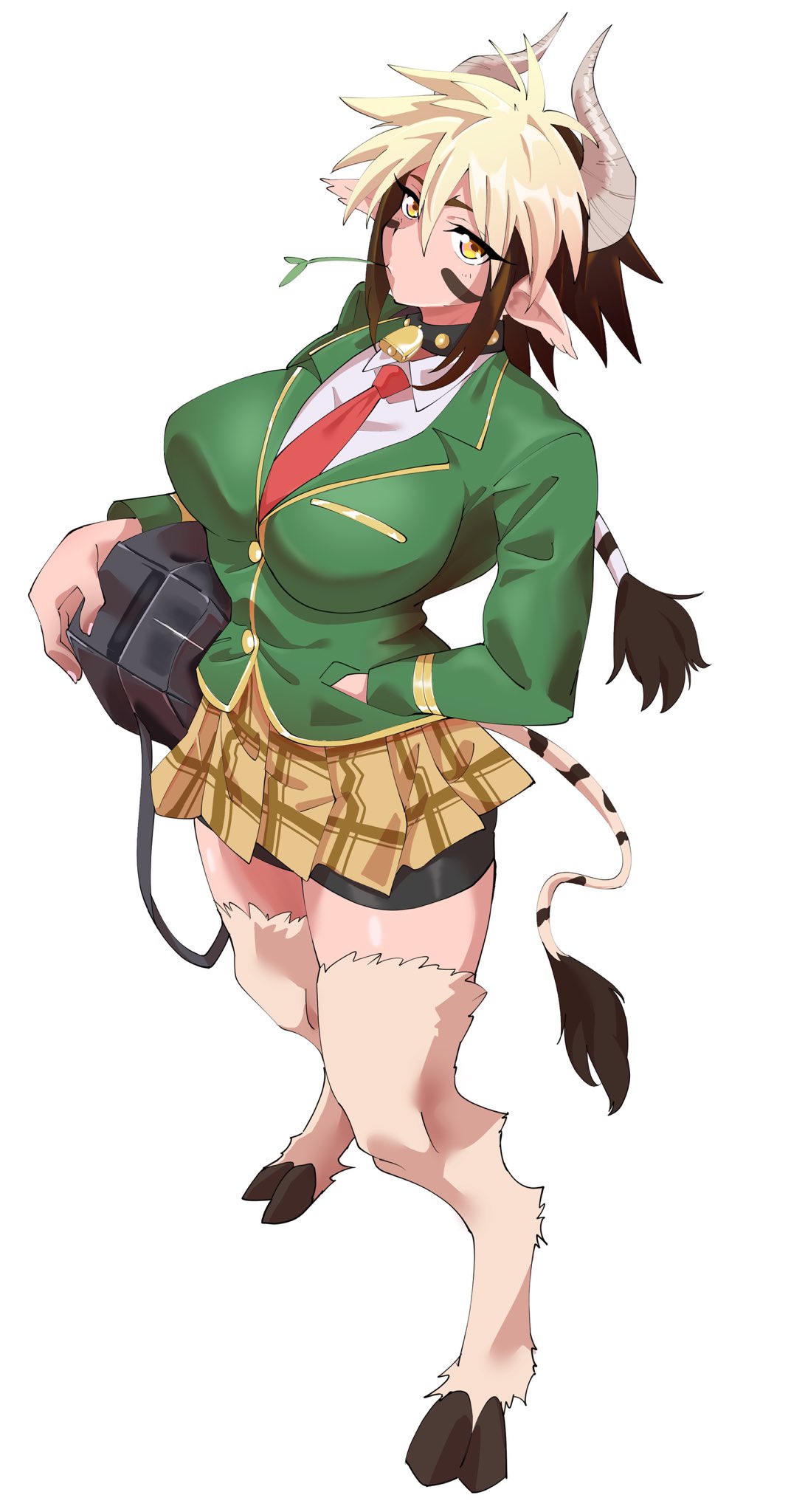 1girl animal_ears animal_legs bag bell bike_shorts bike_shorts_under_skirt blonde_hair breasts brown_eyes brown_hair cathyl collared_shirt commentary_request cow_ears cow_girl cow_horns cow_tail cowbell fugaku_(miko_no_miyatsuguchi) full_body green_jacket hand_in_pocket highres hooves horns huge_breasts jacket looking_at_viewer monster_girl monster_musume_no_iru_nichijou mouth_hold multicolored_hair necktie plaid plaid_skirt pleated_skirt school_bag school_uniform shirt skirt solo stalk_in_mouth tail two-tone_hair white_background