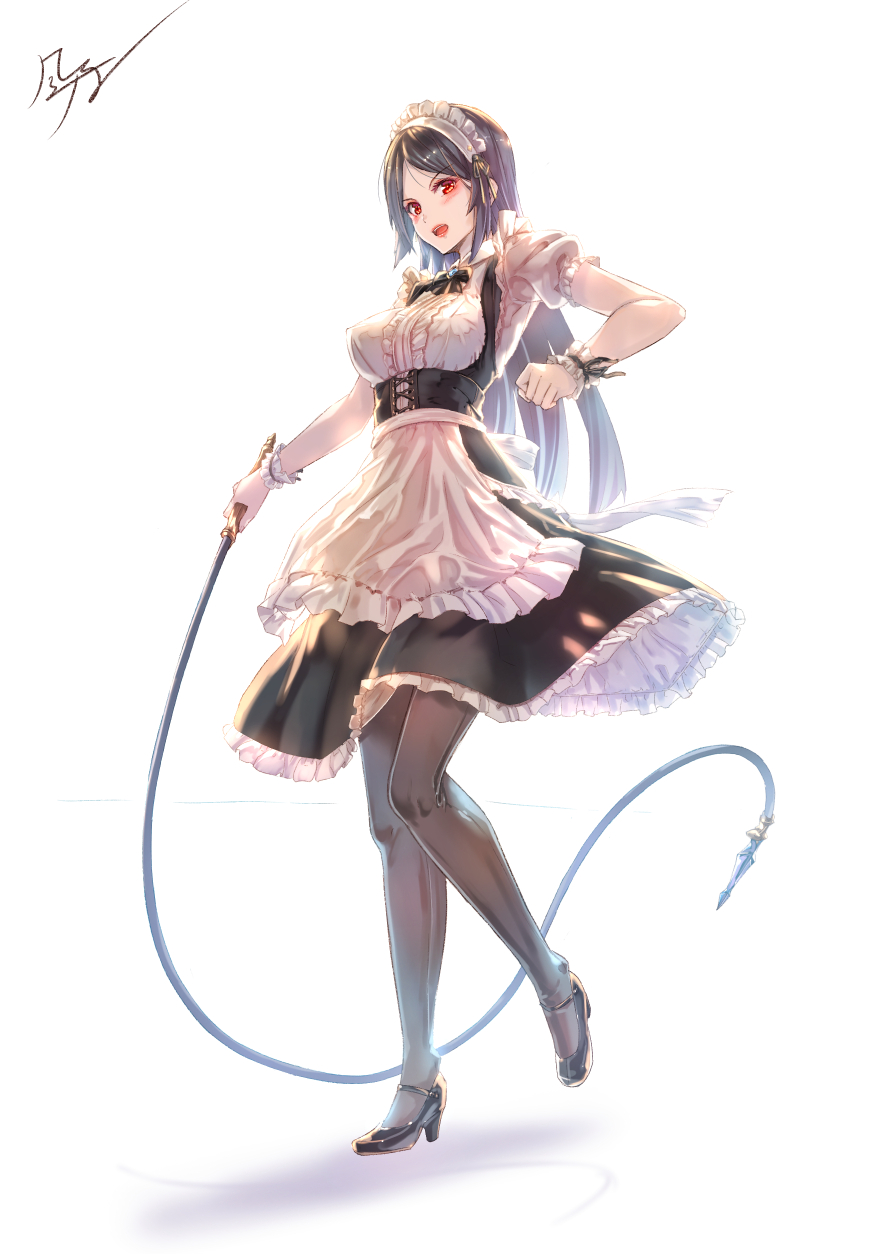 1girl apron black_dress black_hair breasts dress frills highres kazeno long_hair looking_at_viewer maid maid_headdress mary_janes medium_breasts open_mouth original pantyhose red_eyes shoes solo waist_apron whip white_background wrist_cuffs
