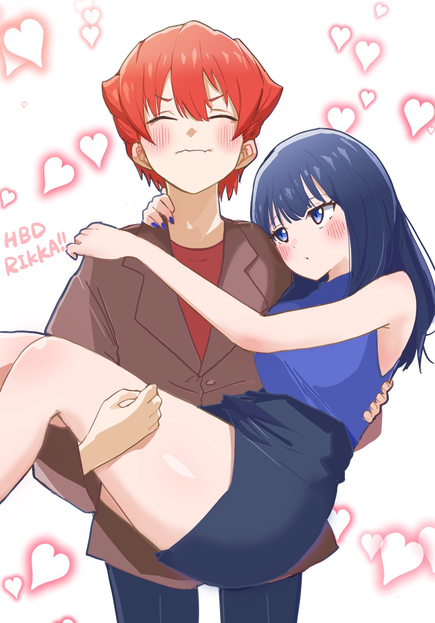 1boy 1girl ass black_hair black_skirt blue_eyes blush breasts carrying closed_eyes couple gridman_universe gridman_universe_(film) happy_birthday heart hetero hibiki_yuuta highres long_hair pants paso princess_carry red_hair shirt skirt sleeveless solo t-shirt takarada_rikka thighs