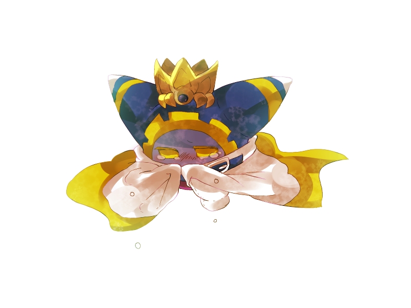 1boy animal_ears blue_hood cape commentary_request covered_mouth crying crying_with_eyes_open disembodied_limb gear_print gloves gold_headband kirby_(series) magolor male_focus master_crown no_humans shirushiki solo teardrop tears white_background white_cape white_gloves wiping_tears yellow_eyes yellow_trim