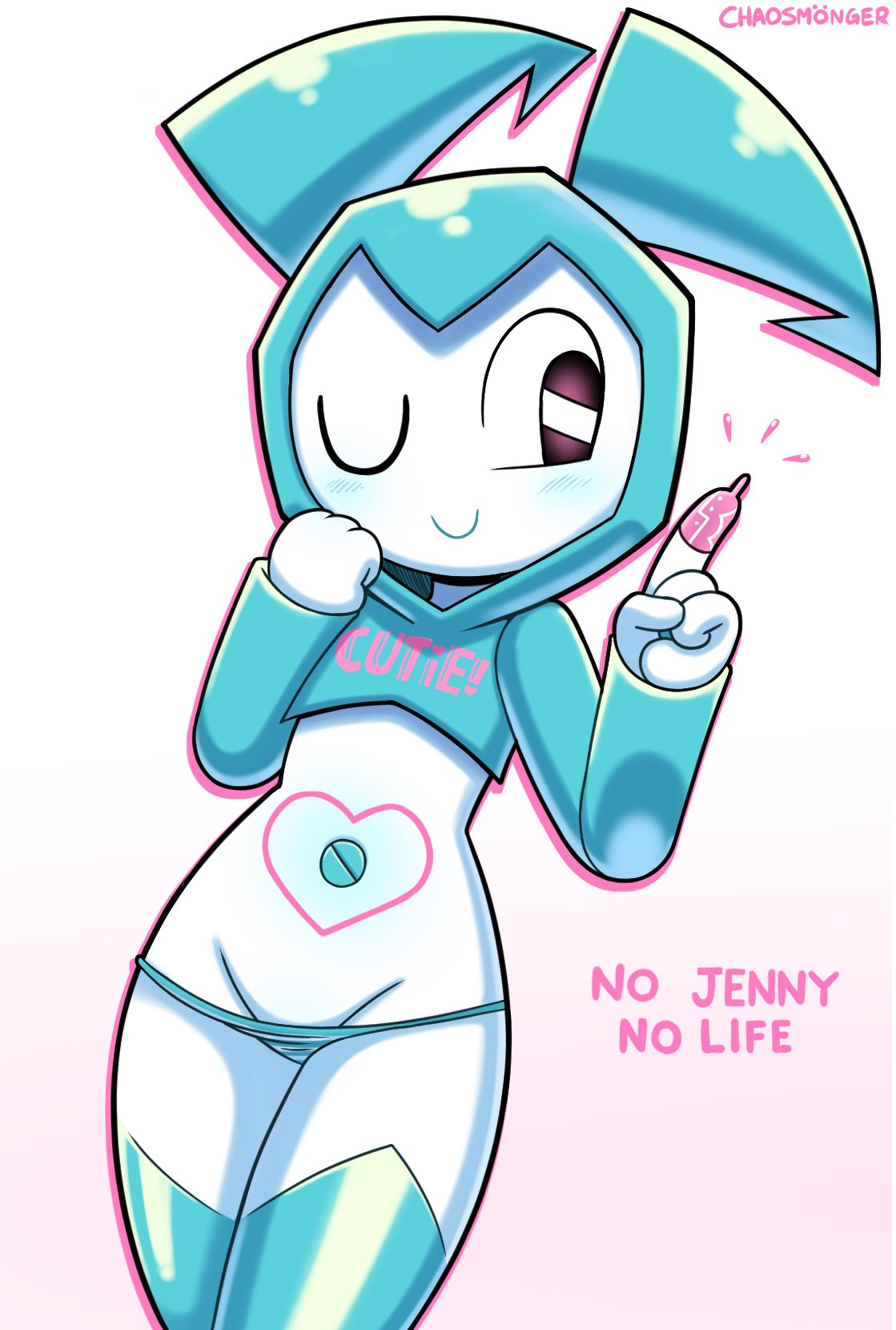 &lt;3 blush clothing disfigure female hi_res hoodie jenny_wakeman machine my_life_as_a_teenage_robot navel nickelodeon one_eye_closed panties robot screw signature smile text text_on_clothing topwear underwear wink