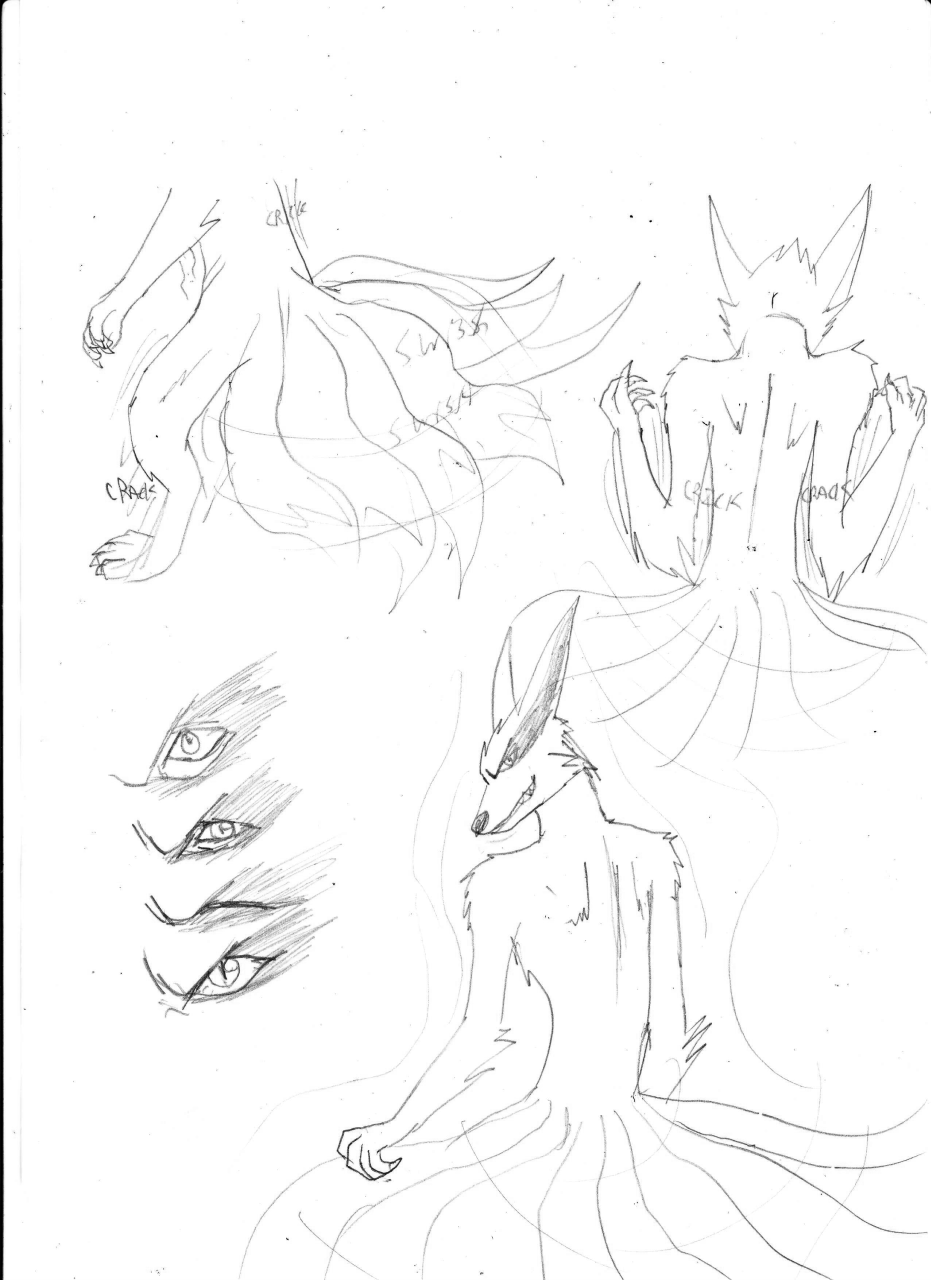 2011 anthro bound canid canine cheek_tuft claws clothed clothing costume_transformation encasement english_text exclamation_point facial_tuft fox fur furii hi_res kurama looking_at_viewer male mammal monochrome multi_tail naruto onomatopoeia sequence sketch smile smiling_at_viewer smirk smirking_at_viewer solo sound_effects species_transformation suit_transformation tail takeover text transformation tuft
