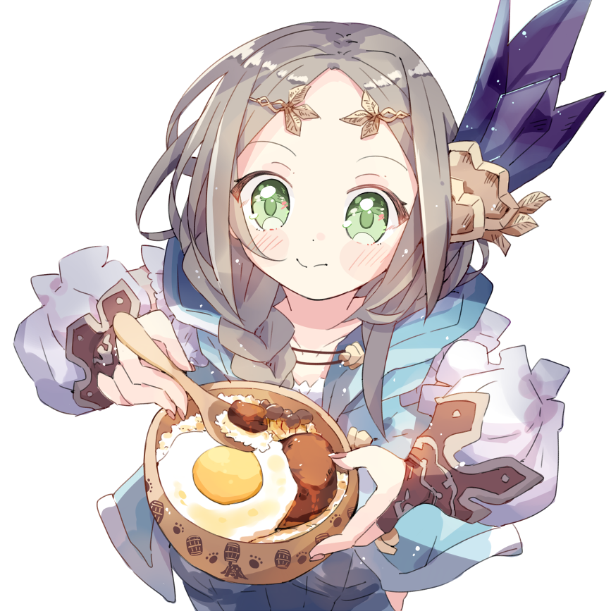 1girl atelier_(series) atelier_firis blue_jacket blush bowl braid brown_hair closed_mouth commentary_request crystal_hair_ornament eating firis_mistlud food fried_egg green_eyes grey_hair holding holding_bowl holding_spoon hood hood_down jacket long_hair long_sleeves meat parted_bangs rice sanpo simple_background single_braid solo spoon upper_body white_background