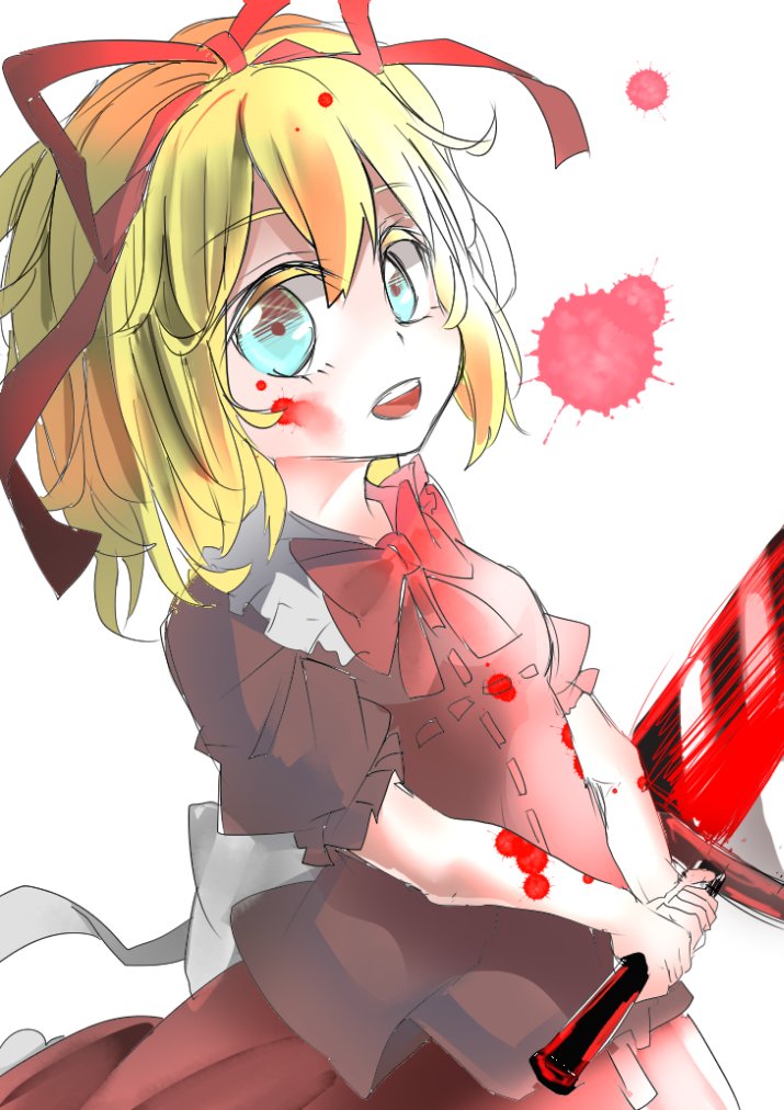 blonde_hair blood blood_on_clothes blood_on_face blue_eyes bow bubble_skirt frilled_shirt frilled_shirt_collar frilled_sleeves frills holding holding_sword holding_weapon huge_weapon looking_at_viewer medicine_melancholy muraryo one-hour_drawing_challenge puffy_short_sleeves puffy_sleeves red_bow red_ribbon ribbon shirt short_hair short_sleeves simple_background skirt smile sword touhou wavy_hair weapon white_background