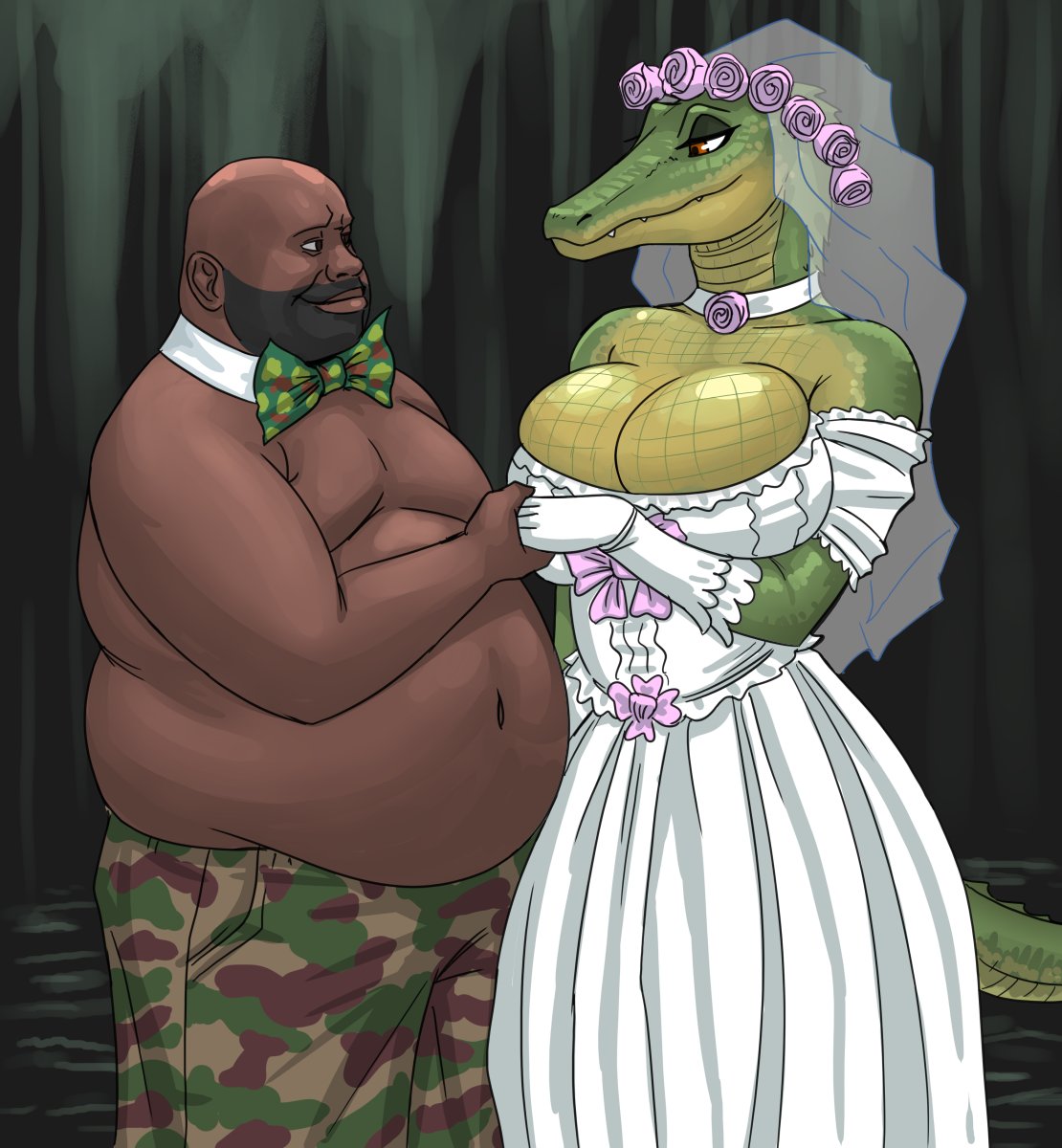 alligator alligator_kick_(meme) alligatorid anthro beard big_breasts bow_tie breasts camo choker cleavage clothed clothing crocodilian dark_body dark_skin dress eye_contact facial_hair flick-the-thief flower flower_crown gloves green_body green_scales half-closed_eyes hand_holding handwear hi_res huge_breasts human interspecies jewelry looking_at_another mammal meme narrowed_eyes necklace non-mammal_breasts orange_eyes overweight plant reptile scales scalie smile swamp topless wedding wedding_dress wedding_veil yellow_body yellow_scales
