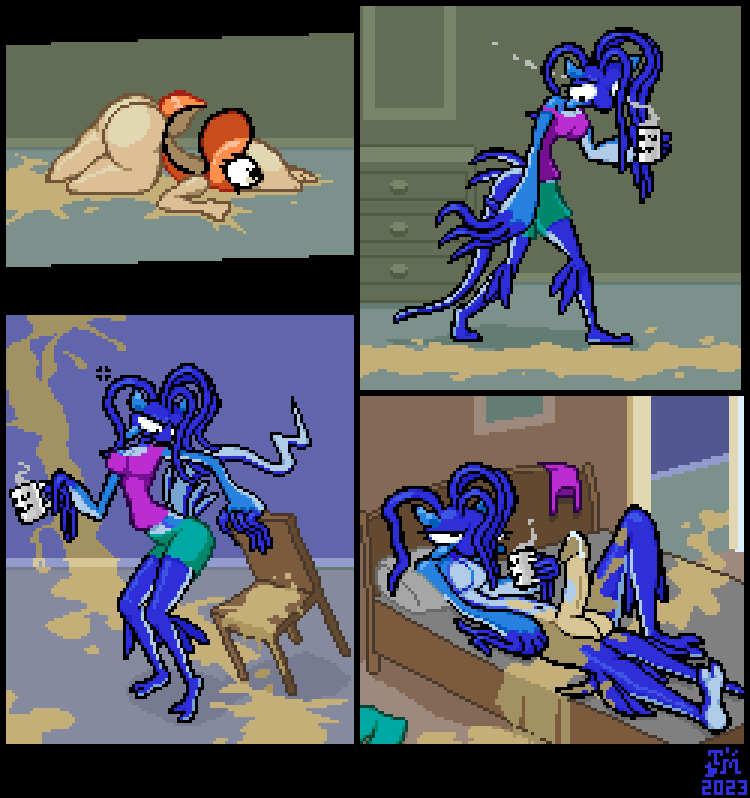 2023 aeolid_nudibranch aeolid_nudibranch_humanoid after_sex annoyed aquatic_gastropod ass_up bed big_butt blue_body bodily_fluids border bottomwear breasts butt chair clothing comic container countershade_torso countershading cum cum_on_penis cup digital_media_(artwork) duo female furniture gastropod genital_fluids genitals glaucus_atlanticus green_bottomwear green_clothing herm holding_object humor intersex marine mollusk navel nemertea nude nudibranch penis pink_clothing pink_topwear pixel_(artwork) sea_slug shadow shirt short_stack shorts signature slime slug squishy_(toilet_man) steam tank_top toilet_man topwear worm