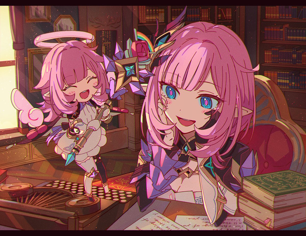 2girls :d ^_^ birthday black_gloves blue_eyes book bookshelf breasts chair cleavage closed_eyes elf_elysia elysia_(honkai_impact) elysia_(miss_pink_elf)_(honkai_impact) gloves halo hand_on_own_cheek hand_on_own_face happy holding holding_staff holding_weapon honkai_(series) honkai_impact_3rd indoors looking_at_viewer multiple_girls nail_polish open_mouth paper papipiko pink_nails pink_pupils pink_wings pointy_ears single_glove sitting smile staff typewriter weapon white_gloves window wings