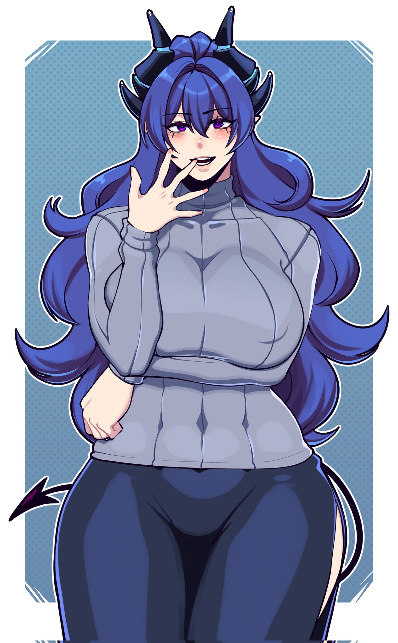 1girl black_pants blue_hair breast_hold breasts butter_sugoi commentary_request covered_nipples cowboy_shot curly_hair demon_girl demon_horns demon_tail finger_in_own_mouth grey_sweater highres horns huge_breasts long_hair open_mouth original pants purple_eyes ribbed_sweater side_slit solo sweater tail turtleneck turtleneck_sweater