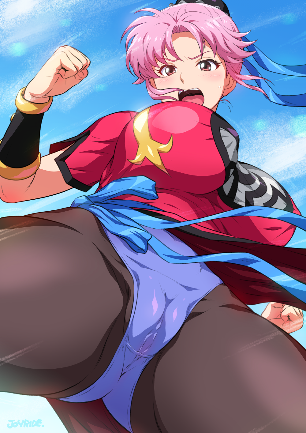 1girl artist_name black_pantyhose blue_leotard blue_ribbon blue_sash blue_sky bracer breasts cameltoe chinese_clothes clenched_hands cloud cloudy_sky crotch_seam day dragon_quest dragon_quest_dai_no_daibouken from_below frown hair_ribbon highres impossible_clothes impossible_shirt joy_ride kicking large_breasts leotard looking_at_viewer maam open_mouth outdoors pantyhose pink_eyes pink_hair ponytail red_shirt ribbon sash shirt signature sky solo