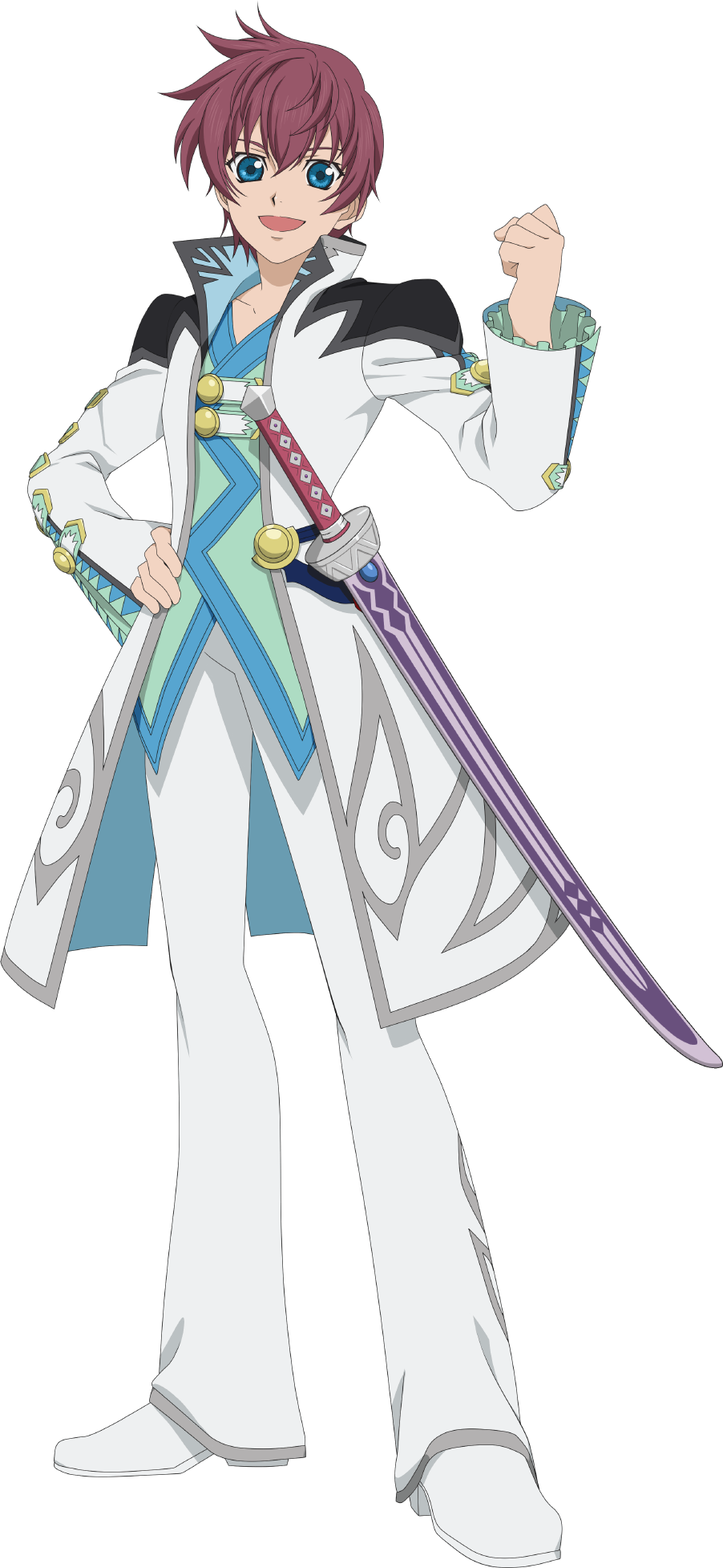 1boy asbel_lhant blue_eyes brown_hair coat english_commentary full_body hair_between_eyes hand_on_own_hip highres long_sleeves looking_at_viewer male_focus official_art open_mouth pants shoes smile solo tales_of_(series) tales_of_asteria tales_of_graces transparent_background white_coat white_footwear white_pants