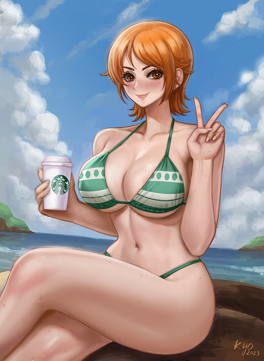 1girl bikini blue_sky blush bob_cut breasts brown_eyes cleavage closed_mouth cloud collarbone crossed_legs cup day disposable_cup green_bikini holding holding_cup kyopink large_breasts lips long_hair looking_at_viewer nami_(one_piece) navel ocean one_piece orange_hair outdoors short_hair sitting sky smile solo starbucks stomach swimsuit thighs v very_long_hair wet