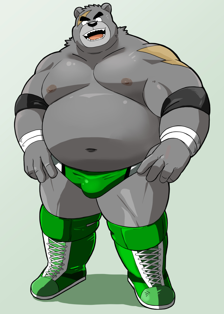 2023 anthro bear belly big_belly black_nose bulge clothing grey_body hi_res kemono male mammal moobs navel nipples overweight overweight_male shiba-kenta simple_background solo underwear