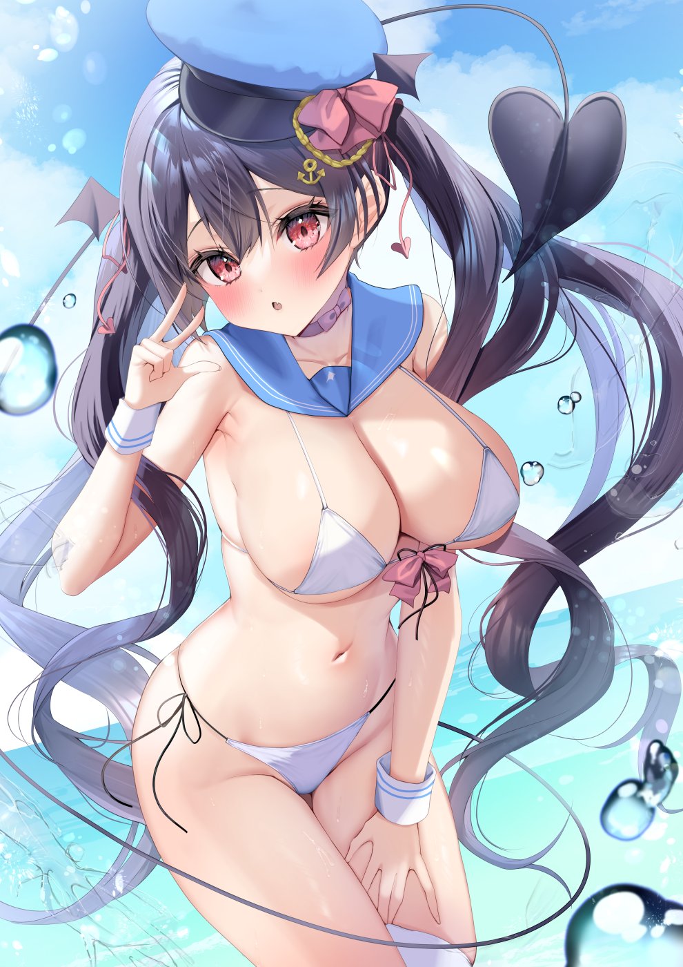 1girl :o ayuma_sayu bare_shoulders bikini black_hair blue_headwear blush breasts choker cleavage collarbone commentary_request demon_tail front-tie_bikini_top front-tie_top hair_ornament hand_up hat hat_ornament highres large_breasts long_hair looking_at_viewer navel open_mouth original outdoors purple_choker red_eyes side-tie_bikini_bottom sideboob solo stomach string_bikini swimsuit tail thighs twintails underboob very_long_hair water wet white_bikini