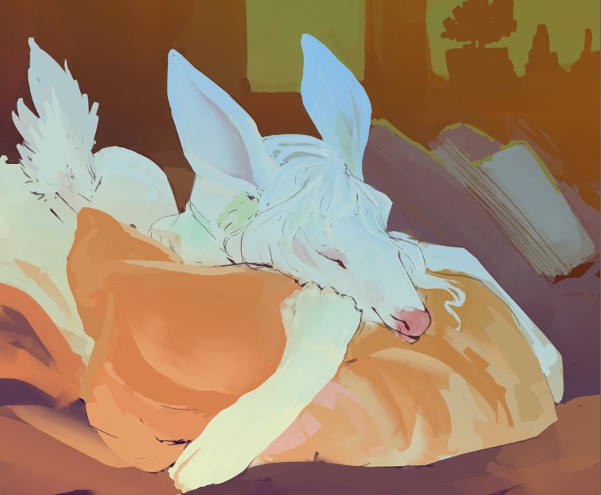 anthro ass_up comfy cozy deer female fluffy fluffy_tail fur hair intersex intersex/intersex long_ears lying mammal nude on_front pillow pillow_hug relaxed_expression relaxing solo tail velannal