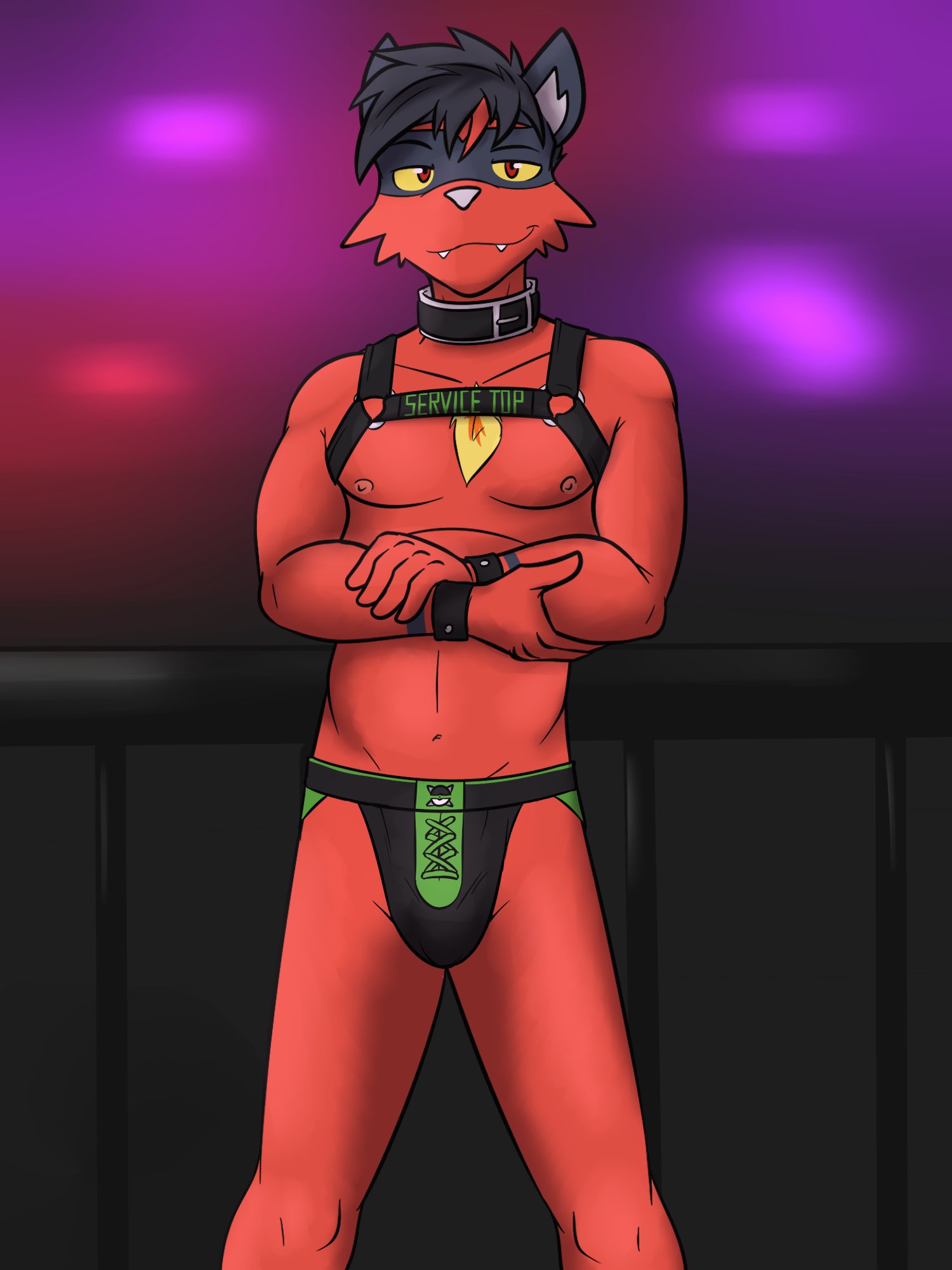 anthro anthrofied clothing collar crossed_arms cuff_(restraint) english_text fuze generation_7_pokemon harness hi_res jockstrap leather leather_cuffs leather_harness lucas_(fuze) male navel nintendo nipples pokemon pokemon_(species) pokemorph restraints shirtless solo text torracat underwear