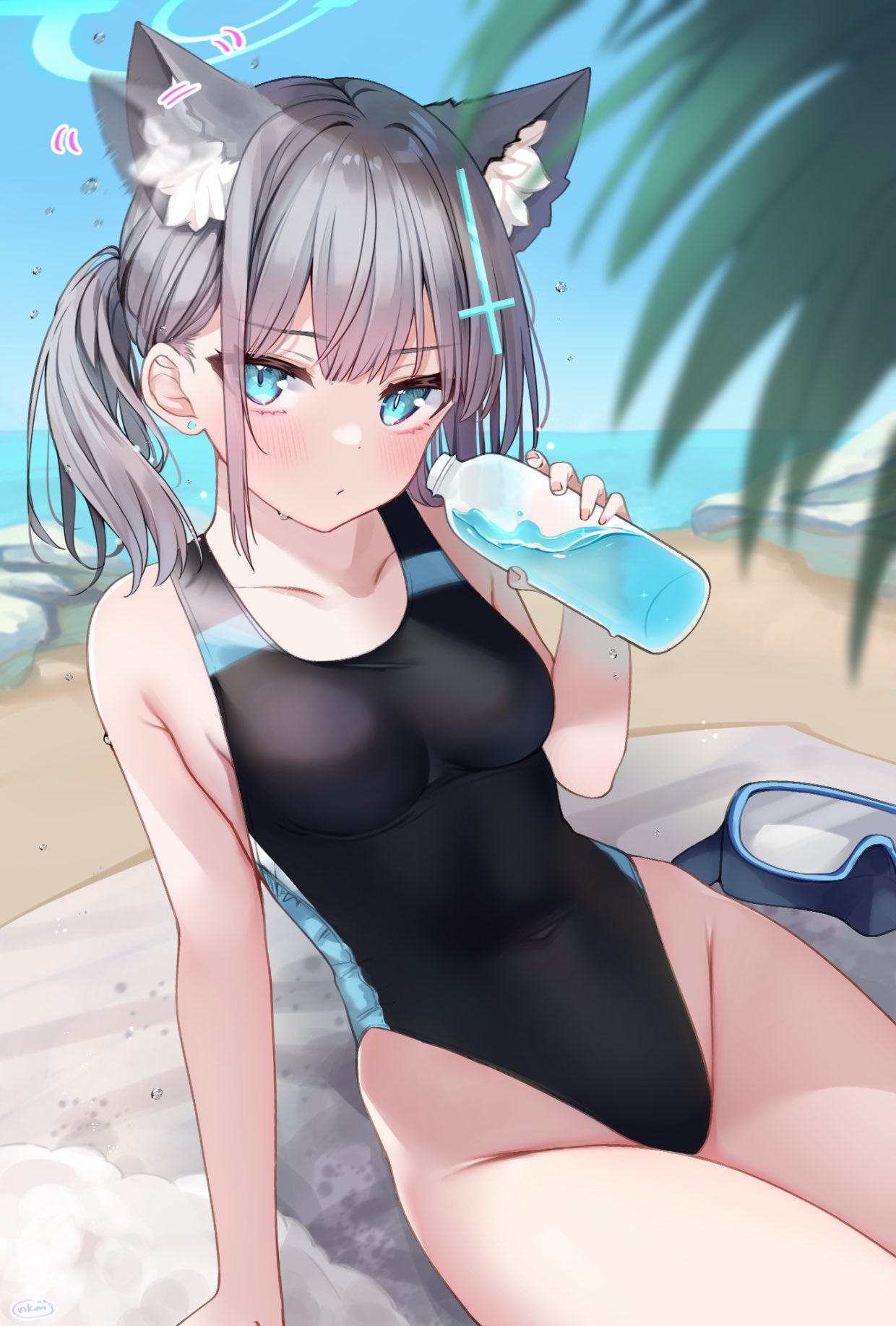 1girl afterimage animal_ear_fluff animal_ears black_one-piece_swimsuit blue_archive blue_eyes bottle breasts competition_swimsuit covered_navel cross_hair_ornament diving_mask_removed ear_wiggle extra_ears grey_hair hair_ornament halo highres looking_at_viewer low_ponytail medium_breasts medium_hair mismatched_pupils multicolored_clothes multicolored_swimsuit neco_meito official_alternate_costume one-piece_swimsuit shiroko_(blue_archive) shiroko_(swimsuit)_(blue_archive) solo swimsuit wolf_ears