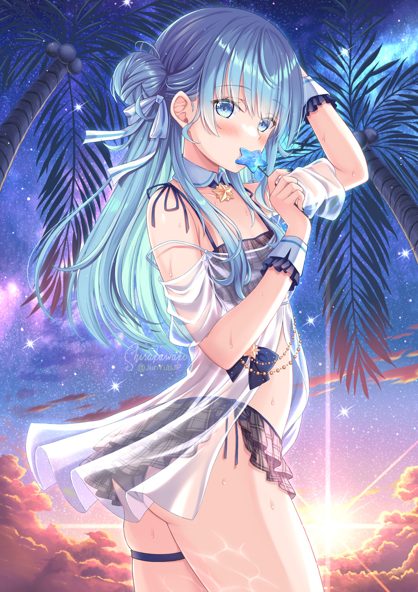 1girl arm_up ass bikini bikini_skirt blue_eyes blue_hair blush brooch candy cloud comiket_102 commentary_request cowboy_shot detached_collar food frills gradient_sky hair_bun highres holding holding_candy holding_food holding_lollipop hololive hoshimachi_suisei jewelry lollipop long_hair night night_sky palm_tree plaid plaid_bikini see-through see-through_shirt shirakawako sky solo star-shaped_food swimsuit thigh_strap thighs tree virtual_youtuber wet wing_collar