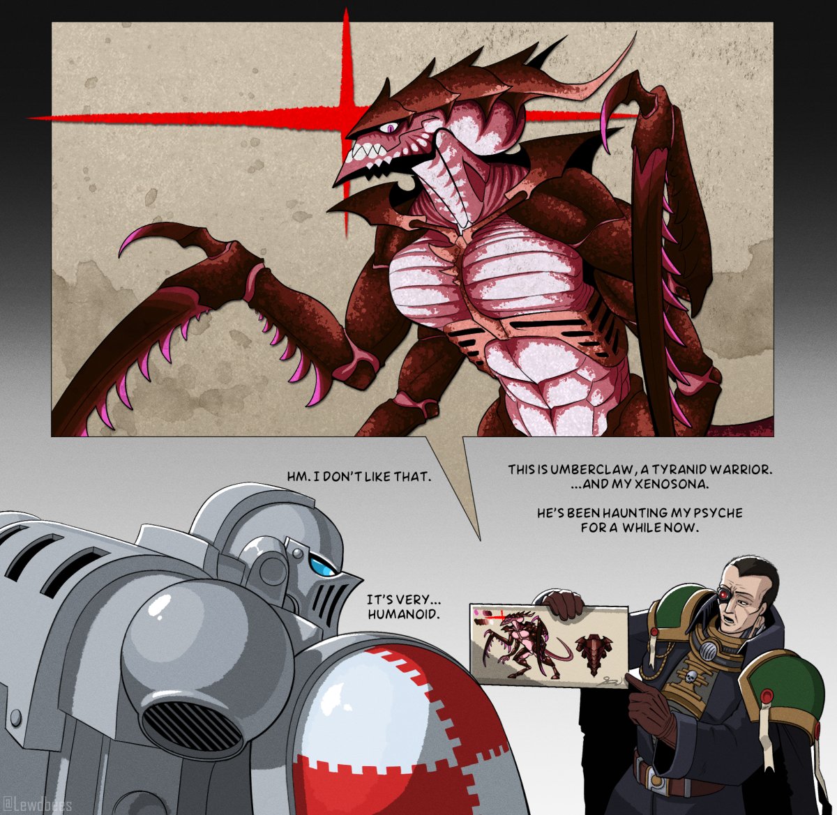 abs alien anthro armor clothing drawing_in_a_drawing exoskeleton eye_flame fingers group hair headgear helmet human inquisitor lewdbees male mammal pecs space_marine standing text trio tyranid tyranid_warrior warhammer_(franchise) warhammer_40000