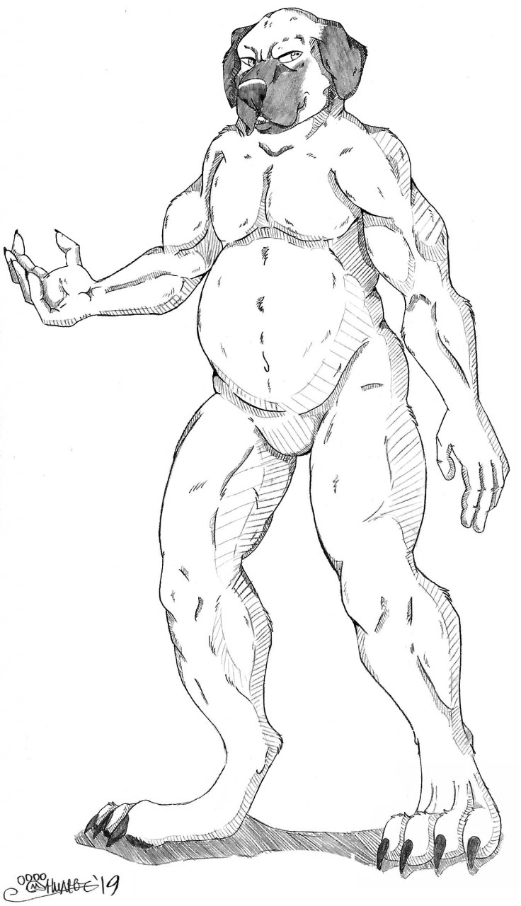2019 anthro belly canid canine canis chubby_anthro chubby_male claws domestic_dog featureless_crotch fur hi_res looking_aside looking_away male mammal marcushunter mastiff molosser musclegut navel nude signature slightly_chubby solo standing toe_claws