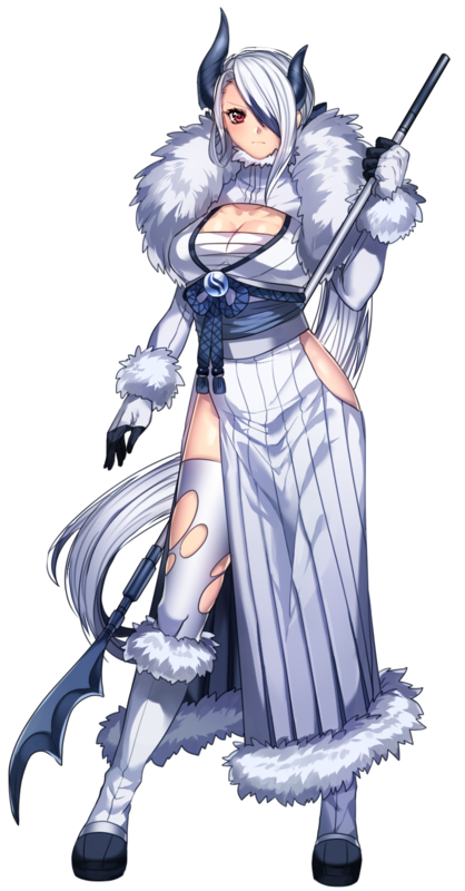 1girl absol asymmetrical_horns black_dress black_gloves blue_hair blue_horns boots breasts chest_sarashi cleavage closed_mouth dress frown full_body fur-trimmed_boots fur-trimmed_dress fur-trimmed_footwear fur-trimmed_sleeves fur_trim gloves hair_over_one_eye holding holding_polearm holding_weapon horns katagiri_hachigou long_hair long_sleeves medium_breasts mega_absol mega_pokemon multicolored_hair naginata personification pokemon polearm red_eyes sarashi simple_background solo thighhighs torn_clothes torn_thighhighs turtleneck two-tone_gloves two-tone_hair very_long_hair weapon white_background white_dress white_gloves white_hair white_thighhighs