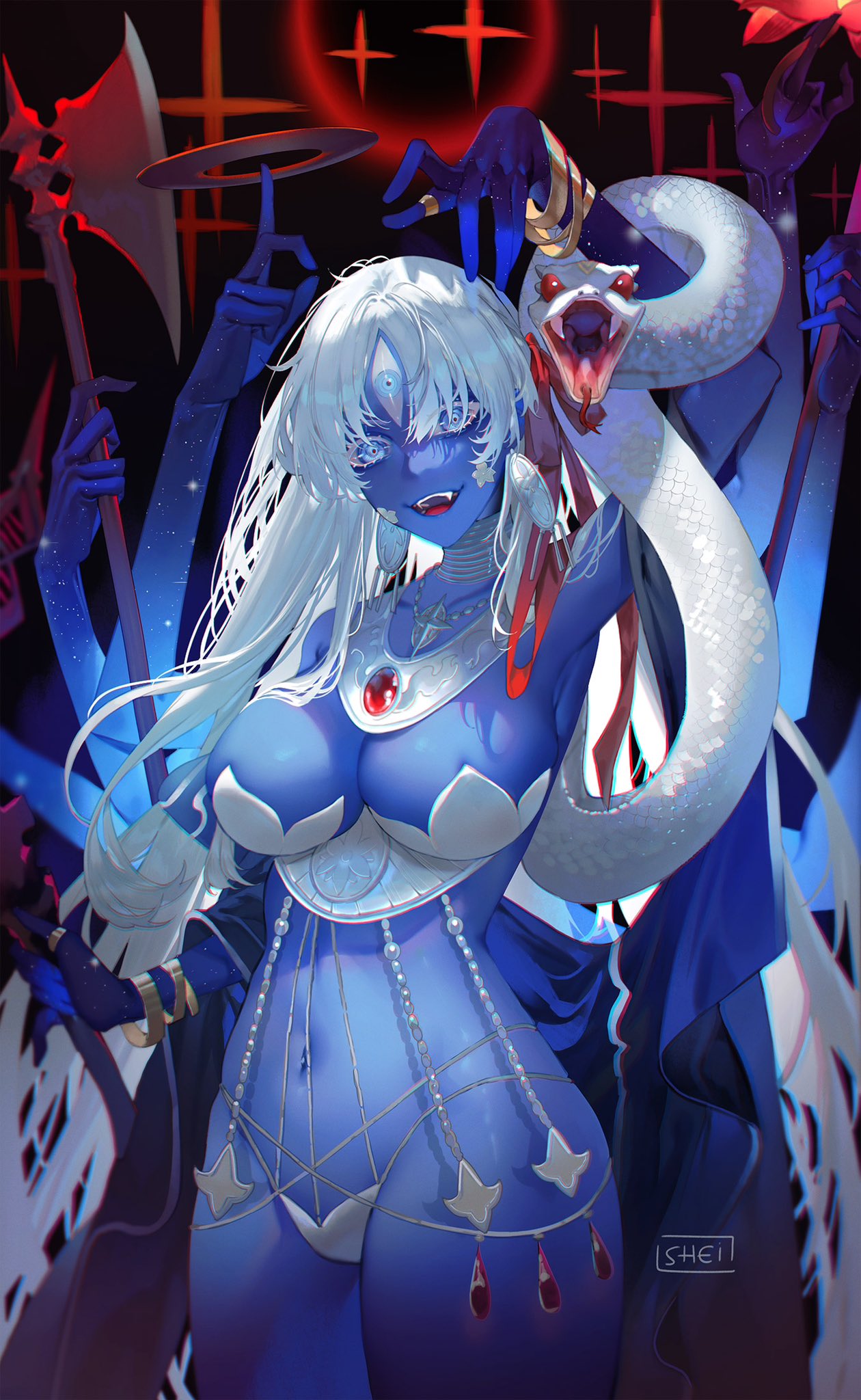 1girl axe blue_eyes blue_skin breasts colored_skin extra_arms fate/grand_order fate_(series) highres kali_(fate) navel sharp_teeth shei99 signature snake solo tagme teeth third_eye weapon white_hair white_snake
