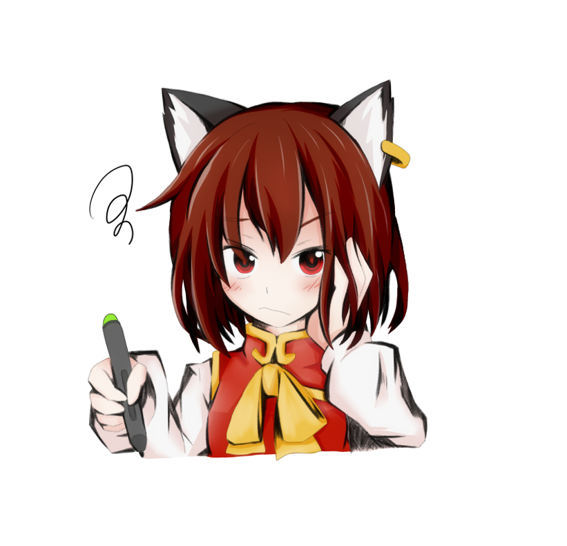 1girl animal_ear_piercing animal_ears blush brown_hair cat_ears cat_girl chen closed_mouth commentary_request confused cropped_torso eyes_visible_through_hair hand_in_own_hair hand_on_own_face hand_up high_collar holding holding_stylus kuroneko_(kuroi-neko) long_sleeves looking_at_viewer neck_ribbon partial_commentary red_eyes red_vest ribbon shirt short_hair simple_background solo squiggle stylus touhou upper_body vest white_background white_shirt yellow_ribbon