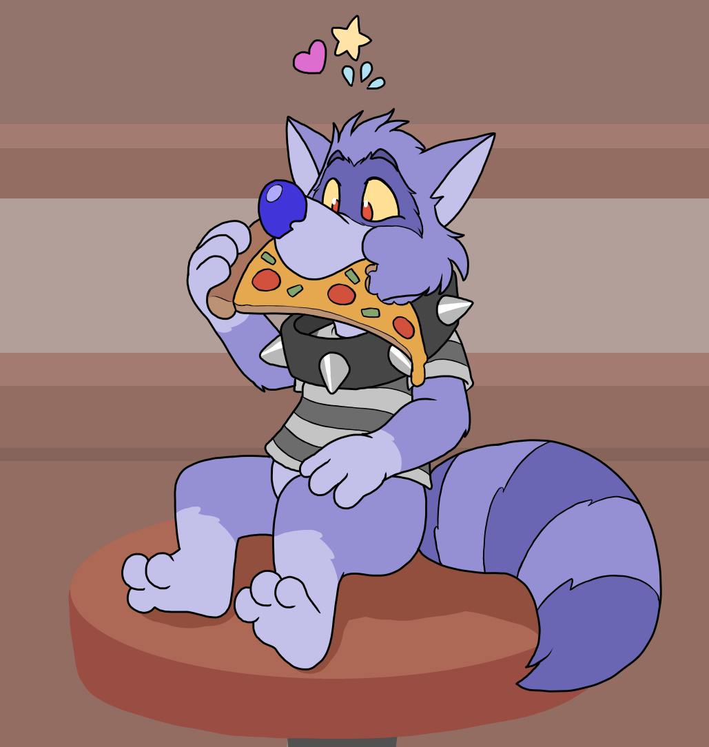 &lt;3 2021 3_fingers 3_toes anthro blueballs clothing collar digital_media_(artwork) eating eating_food feet fingers food grey_clothing male mammal pizza procyonid purple_body purple_nose raccoon red_eyes shirt sitting solo spiked_collar spikes star toes topwear yellow_sclera