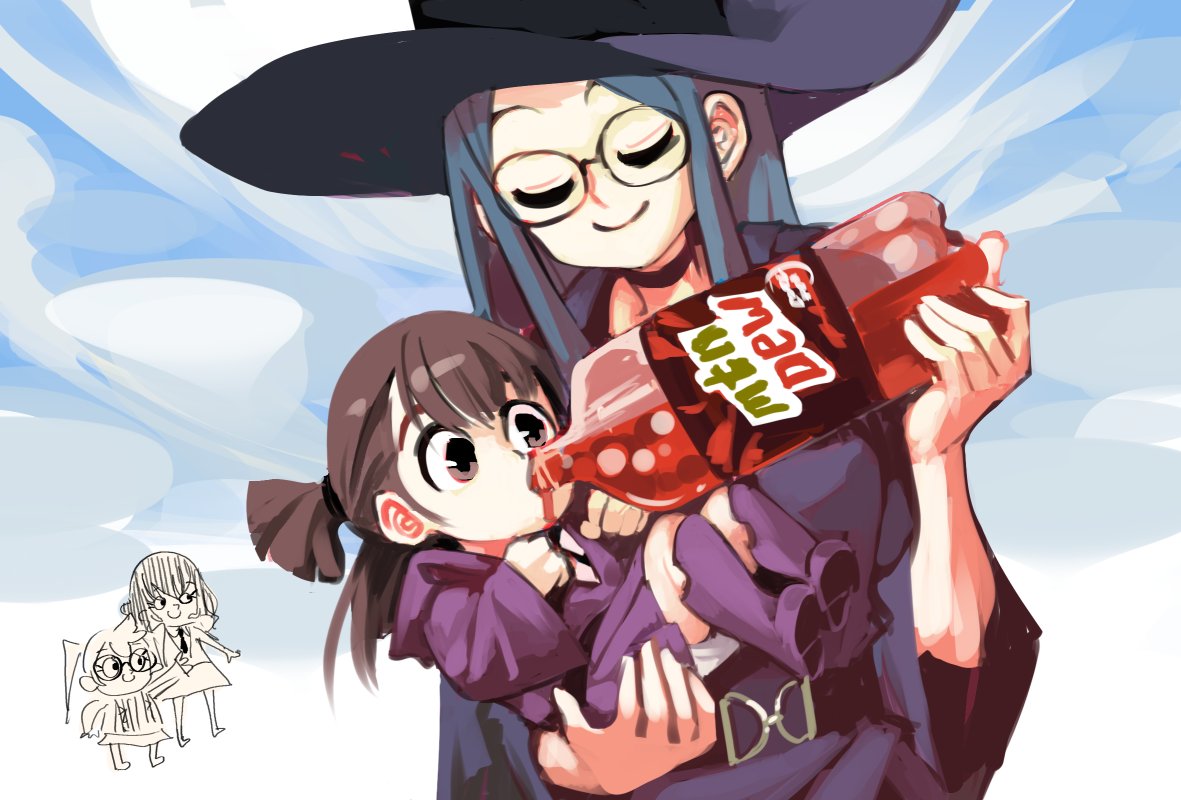 2girls anchet7 blue_hair bottle brown_hair closed_eyes drinking glasses hat kagari_atsuko little_witch_academia long_hair luna_nova_school_uniform mountain_dew multiple_girls pale_skin school_uniform smile ursula_charistes witch witch_hat