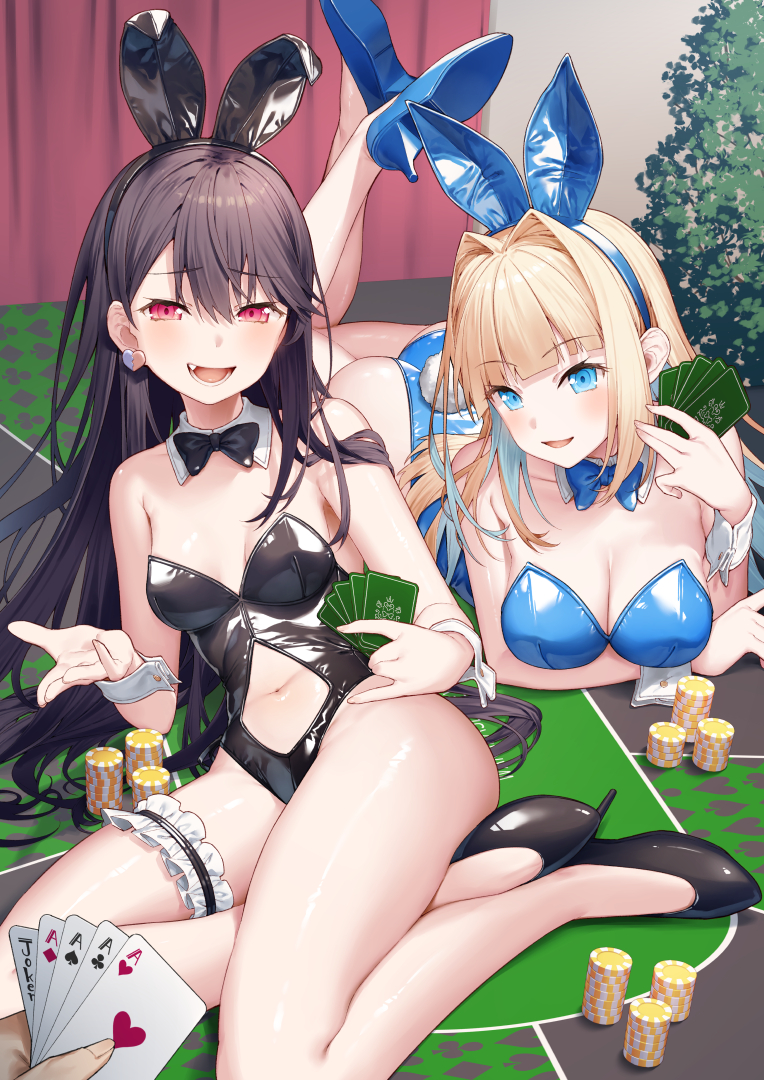 2girls animal_ears black_bow black_bowtie black_hair blonde_hair blue_bow blue_bowtie blue_eyes bow bowtie breasts card clothing_cutout high_heels legs long_hair lying medium_breasts multiple_girls navel navel_cutout on_stomach original playboy_bunny poker_chip poker_table rabbit_ears red_eyes small_breasts table thigh_strap thighs tokuno_yuika