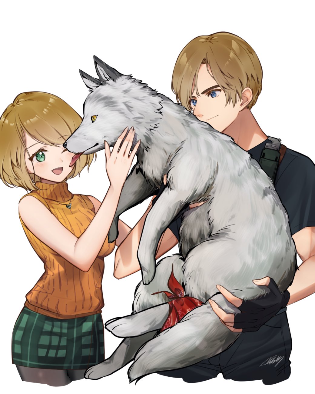 1boy 1girl animal ashley_graham black_gloves black_pants black_shirt blonde_hair breasts commentary_request dog fingerless_gloves gloves green_eyes green_skirt highres holding holding_animal holding_dog jewelry knife_holster large_breasts leggings leon_s._kennedy licking mar0maru necklace one_eye_closed open_mouth pants pantyhose parted_bangs petting red_scarf resident_evil resident_evil_4 resident_evil_4_(remake) scarf shirt short_hair simple_background skirt sleeveless sleeveless_turtleneck smile turtleneck upper_body white_background white_dog