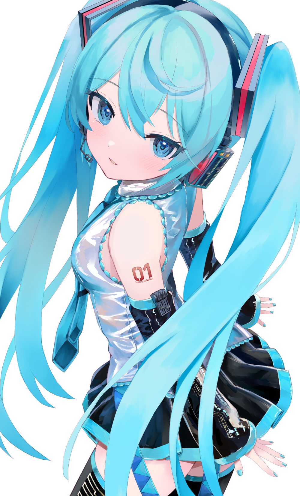 1girl arm_tattoo blue_eyes blue_hair blue_nails blush commentary_request cowboy_shot detached_sleeves grey_shirt hatsune_miku headset highres long_hair looking_at_viewer parted_lips shirt simple_background sleeveless sleeveless_shirt solo takepon1123 tattoo thighhighs twintails vocaloid white_background