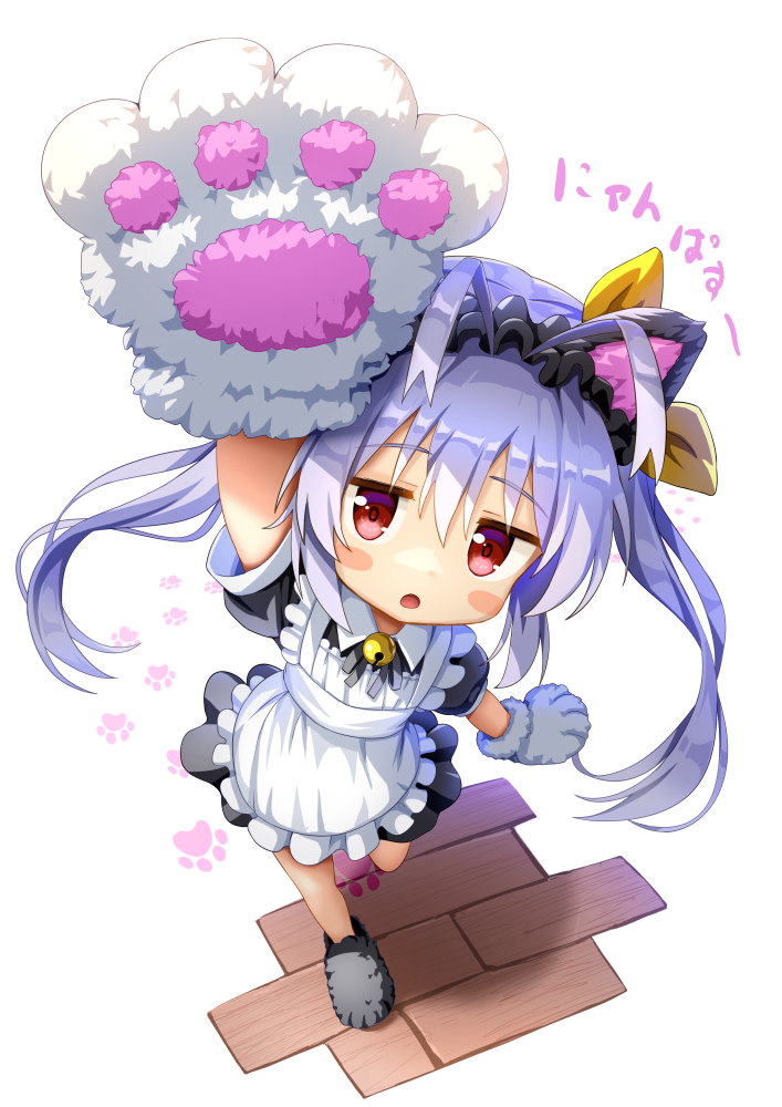 1girl alternate_costume animal_ears animal_hands antenna_hair apron arm_up black_dress blush_stickers cat_ears cat_paws cedar_(cedar_japonica) commentary_request dress enmaided fake_animal_ears frilled_apron frills from_above full_body gloves hair_ribbon looking_at_viewer maid miyauchi_renge non_non_biyori open_mouth paw_gloves paw_shoes purple_hair red_eyes ribbon short_sleeves solo twintails white_apron yellow_ribbon
