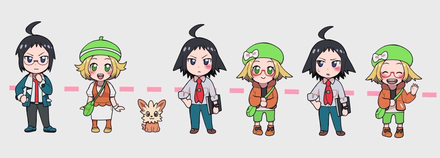 1boy 1girl ahoge bag bianca_(pokemon) black_hair blonde_hair blue_eyes blush cheren_(pokemon) chibi closed_eyes collared_shirt glasses green_eyes green_headwear grey_background hand_on_own_hip jacket lillipup nashubi_(to_infinity_wow) necktie orange_footwear orange_jacket pokemon pokemon_(creature) pokemon_(game) pokemon_bw pokemon_bw2 red-framed_eyewear shirt smile sweat white_shirt