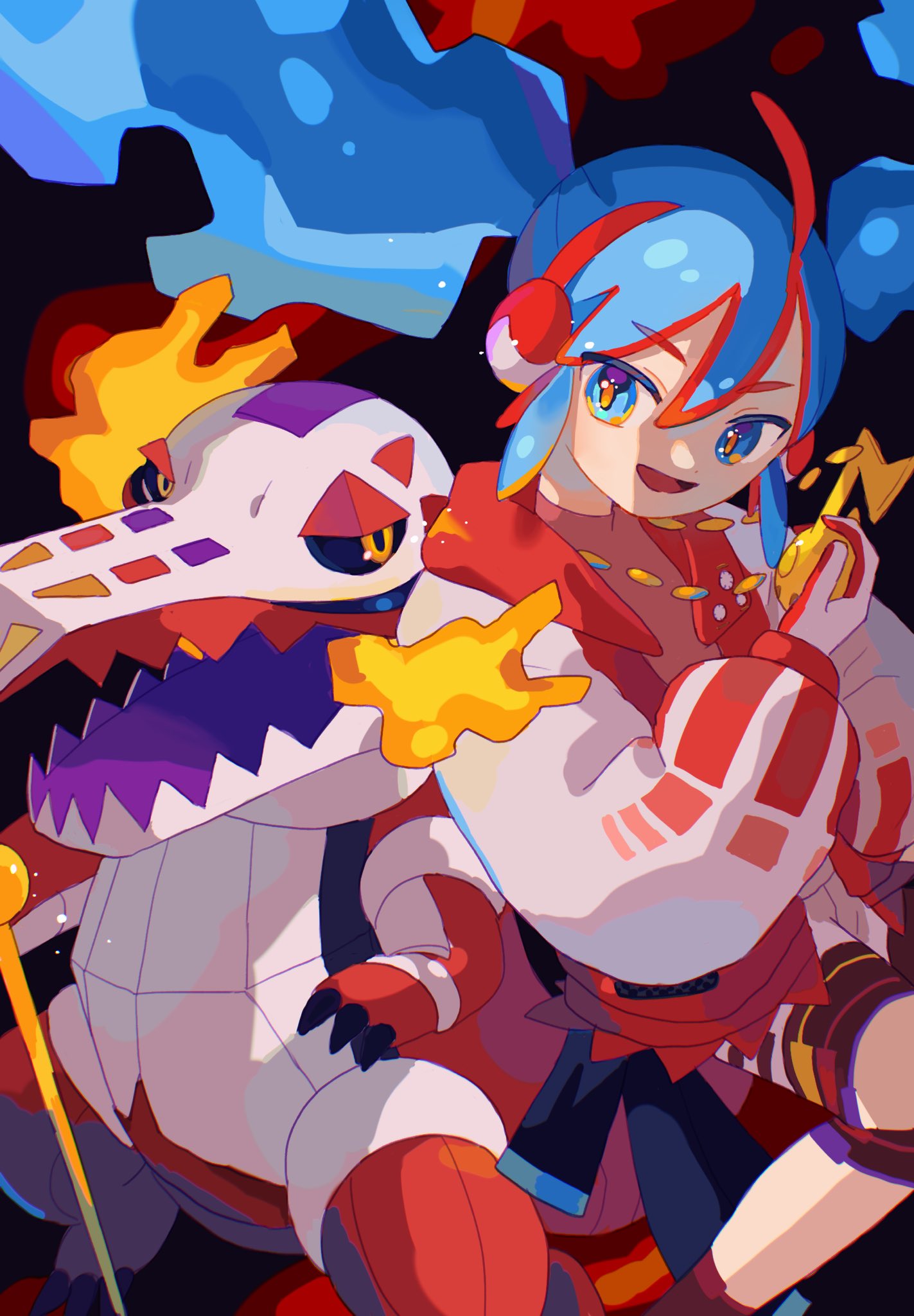 1girl blue_eyes blue_hair cowboy_shot fire_miku_(project_voltage) floating_hair gloves hair_between_eyes hatsune_miku headphones highres holding jacket long_hair long_sleeves looking_at_viewer multicolored_hair nagomi_(_nagomi_) open_clothes open_jacket open_mouth pokemon pokemon_(creature) project_voltage skeledirge solo streaked_hair twintails vocaloid white_jacket