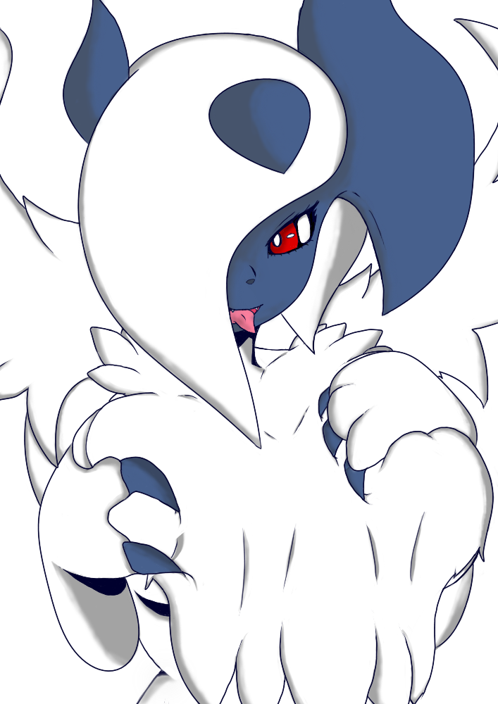 anthro canid female fur jaxzstar looking_at_viewer mammal mega_absol mega_evolution nintendo pokemon pokemon_(species) solo teeth tongue tongue_out white_body white_fur wings