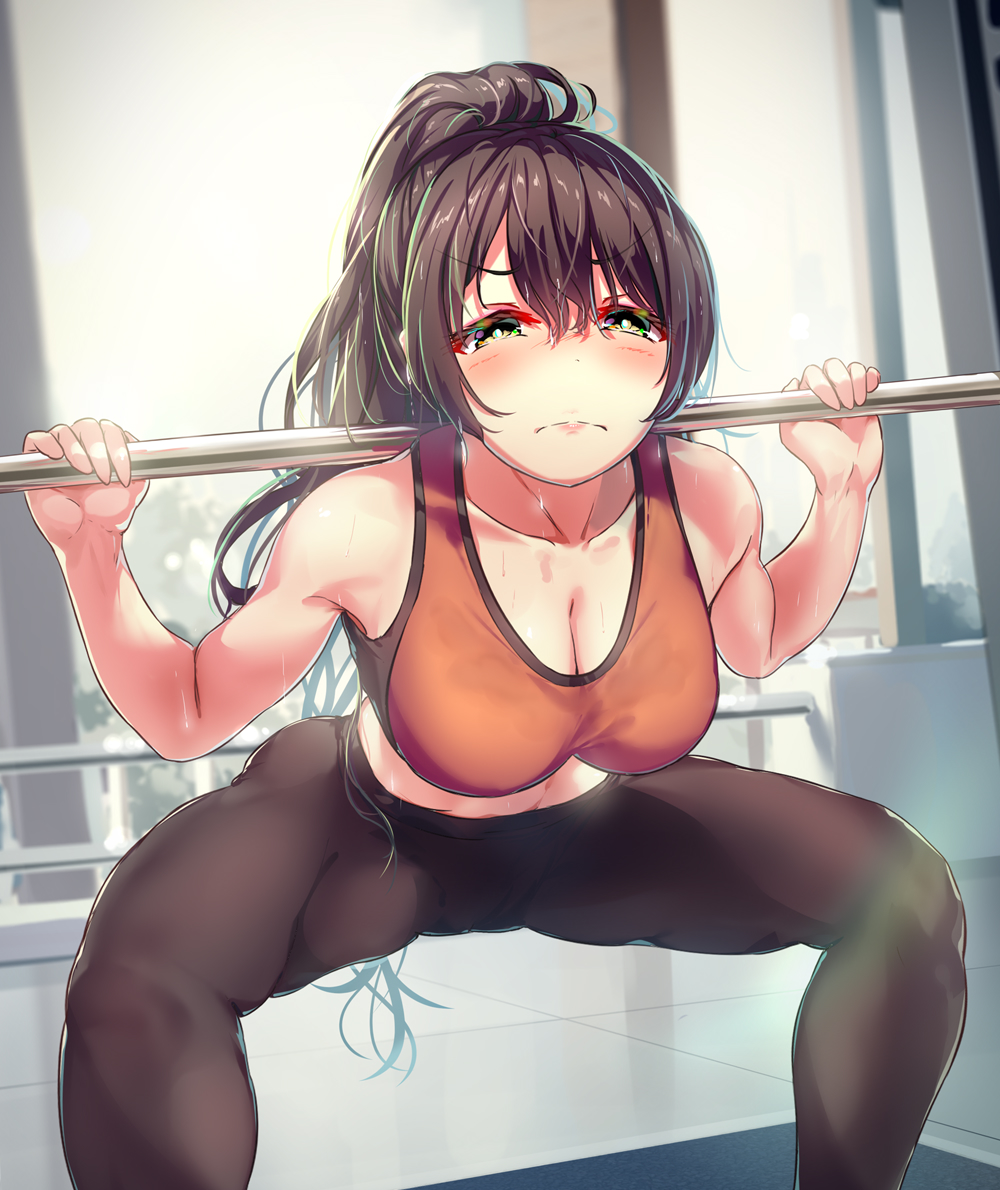 1girl bare_arms black_hair black_pants blush breasts closed_mouth collarbone exercise green_eyes hair_between_eyes indoors long_hair mat medium_breasts mixed-language_commentary orange_sports_bra original pants ponytail reflective_floor solo sports_bra squatting tile_floor tiles weightlifting window wingheart