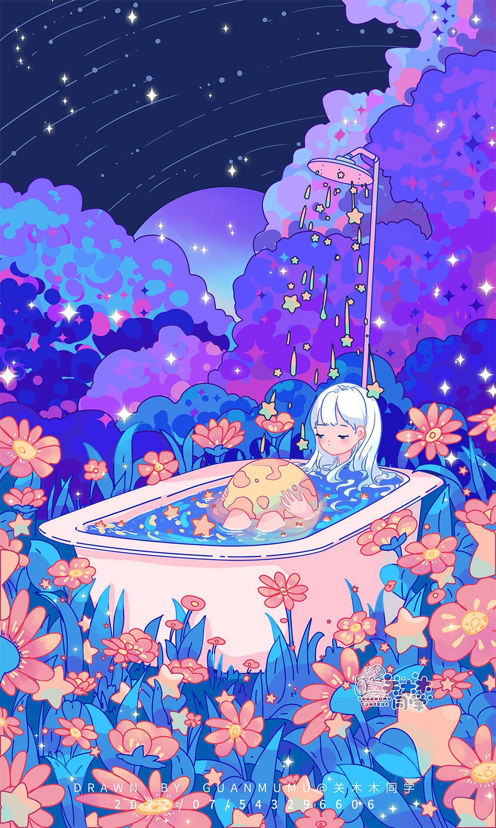 1girl artist_name bathing bathtub blue_eyes blush_stickers closed_mouth cloud completely_nude daisy dated english_text expressionless eyelashes field flower flower_field grass guanmumu half-closed_eyes highres holding_moon knees_up long_hair looking_at_object night night_sky nude original outdoors partially_submerged pink_flower shooting_star shower_head sitting sky solo sparkle star_(sky) star_(symbol) straight_hair water white_hair