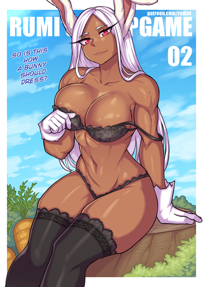 2023 animal_humanoid athletic athletic_female bra breasts brown_body brown_skin carrot cleavage clothed clothing deltoids english_text female food gloves hair handwear humanoid lagomorph lagomorph_humanoid legwear leporid_humanoid lingerie looking_at_viewer mammal mammal_humanoid miruko my_hero_academia off_shoulder panties partially_clothed pinup plant pose rabbit_humanoid red_eyes redjet00 solo text thigh_highs underwear vegetable white_hair