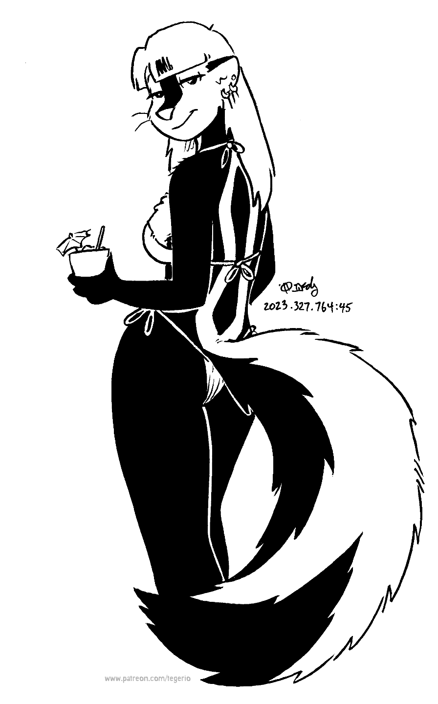 2023 anthro beverage bikini black_and_white clothed clothing container cup ear_piercing ear_ring female fluffy fluffy_tail hi_res kelly_o'dor looking_at_viewer looking_back looking_back_at_viewer mammal mephitid monochrome piercing rear_view ring_piercing skunk solo swimwear tail tegerio zandar's_saga