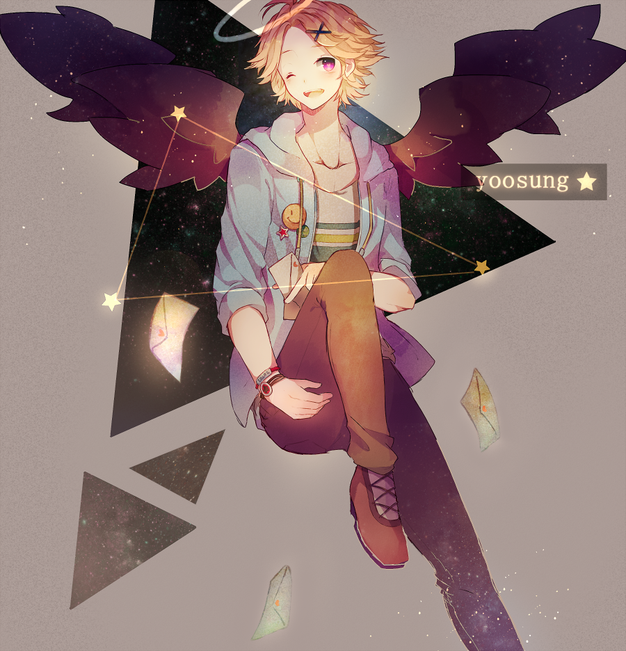 1boy ahoge armband black_wings blonde_hair blue_jacket brooch brown_footwear brown_pants character_name collarbone constellation cross-laced_footwear denim english_commentary envelope feathered_wings grey_background hair_ornament hairclip halo heart holding holding_envelope hood hood_down hooded_jacket hoshi-pan jacket jeans jewelry kim_yoosung leg_up long_sleeves looking_at_viewer one_eye_closed open_clothes open_jacket open_mouth pants parted_bangs pink_eyes shirt shoes short_hair sitting smile smiley_face space star_(sky) star_(symbol) susanghan_messenger t-shirt teeth triangular_headpiece upper_teeth_only watch white_shirt wings wristwatch