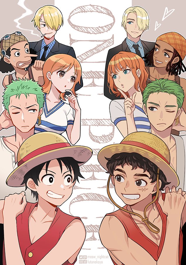 2girls 6+boys afro black_hair black_jacket black_necktie blonde_hair brown_eyes brown_headwear collarbone copyright_name curly_eyebrows dark_skin earrings goggles goggles_on_headwear green_eyes green_hair hat heart heart-shaped_pupils jacket jewelry looking_at_another monkey_d._luffy multiple_boys multiple_girls nami_(one_piece) necktie nigeria nightcat one_piece one_piece_(live_action) orange_hair red_vest roronoa_zoro sanji_(one_piece) scar scar_on_cheek scar_on_face short_hair short_sleeves smile smoking spiked_hair straw_hat straw_hat_pirates symbol-shaped_pupils usopp vest