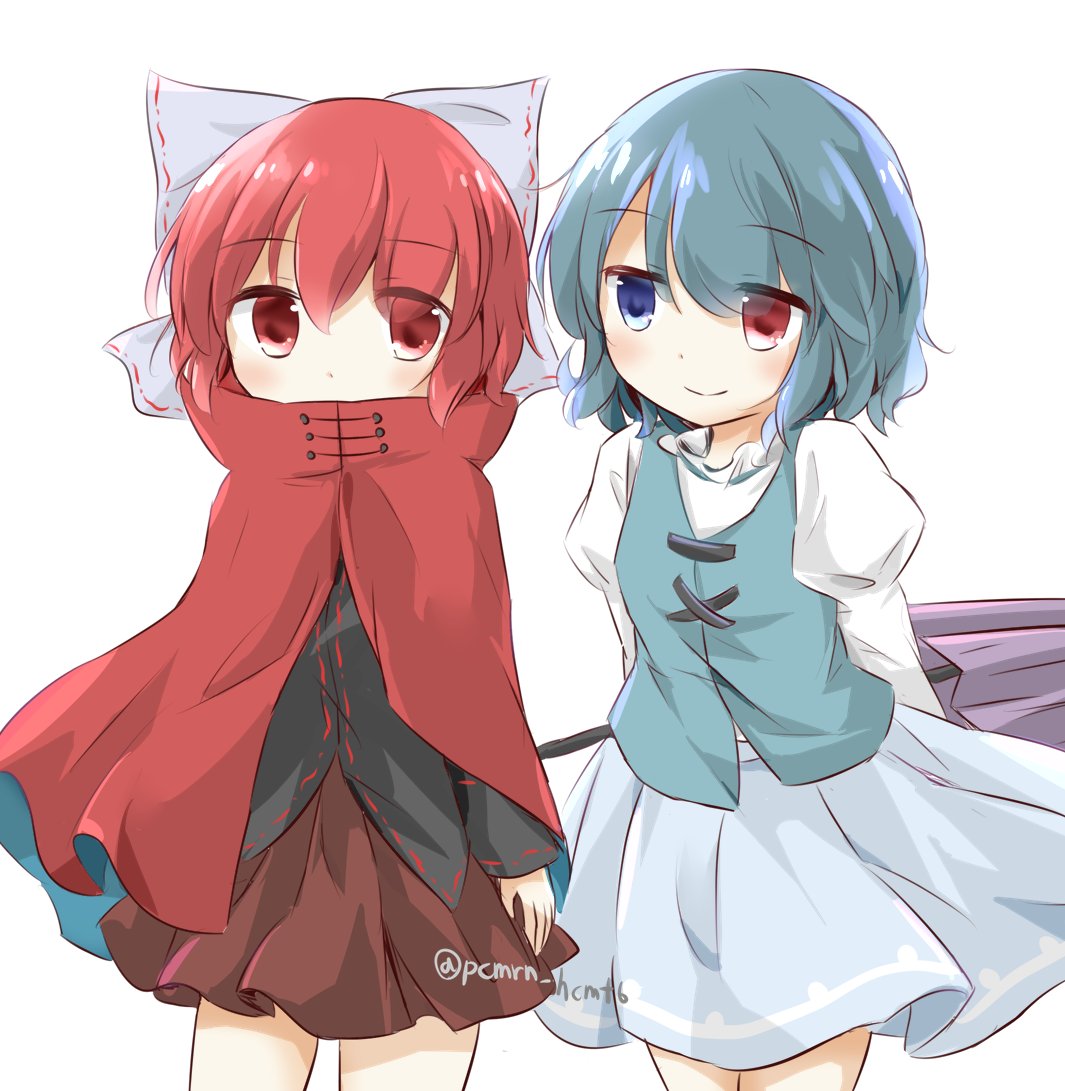 2girls black_shirt blue_eyes blue_hair blue_skirt blue_vest bow cloak closed_mouth commentary_request cowboy_shot cross-laced_clothes hair_bow heterochromia juliet_sleeves long_sleeves looking_at_another multiple_girls puchimirin puffy_sleeves purple_umbrella red_hair red_skirt sekibanki shirt short_hair simple_background skirt tatara_kogasa touhou twitter_username umbrella vest white_background white_shirt