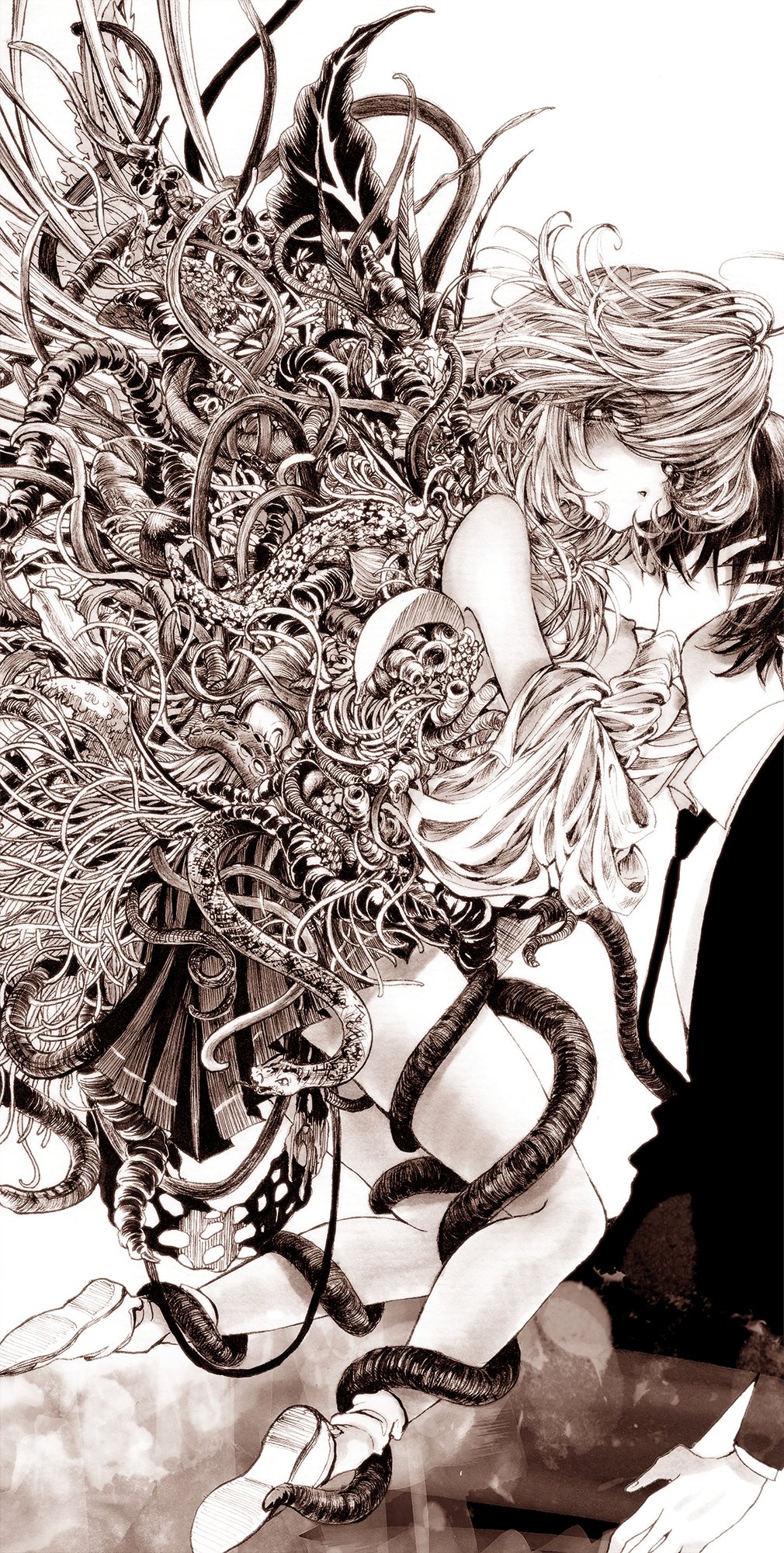 1boy 1girl absurdly_long_hair aya_carmine banana bare_shoulders blush body_horror braid breasts clothes_down collared_shirt flower food formal fruit greyscale hands_on_another's_face highres hitomi_hirosuke_(sayonara_wo_oshiete) hug leaf long_hair looking_at_viewer medium_breasts millipen_(medium) monochrome necktie plant pleated_skirt sayonara_wo_oshiete shirt shoes side_braids simple_background skirt snake socks suction_cups sugamo_mutsuki suit tentacles tongue traditional_media transformation uwabaki very_long_hair