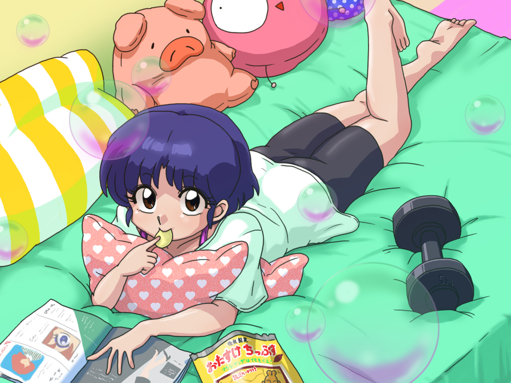 ass barefoot blue_hair brown_eyes chips_(food) eating feet food heart looking_at_viewer magazine_(object) pillow potato_chips ranma_1/2 short_hair stuffed_animal stuffed_pig stuffed_toy tendou_akane toes wanta_(futoshi)