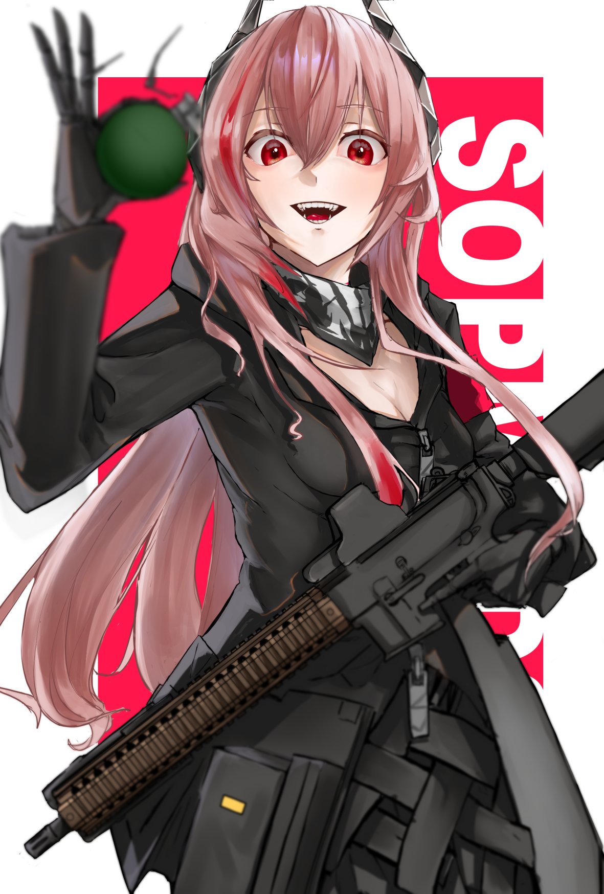 1girl armband assault_rifle black_gloves black_jacket black_scarf breasts cleavage commentary_request eotech explosive girls'_frontline gloves grenade grenade_pin gun hair_ornament headgear headphones highres holding holding_grenade holding_gun holding_weapon holster hood hooded_jacket jacket light_blush long_hair looking_at_viewer m4_carbine m4_sopmod_ii m4_sopmod_ii_(girls'_frontline) m67 magazine_(weapon) mechanical_hands multicolored_hair open_mouth pink_hair print_scarf red_armband red_eyes red_hair rifle scarf sharp_teeth single_mechanical_hand solo standing streaked_hair teeth text_background track_jacket two-tone_hair user_tomuanago weapon zipper zipper_dress zipper_top