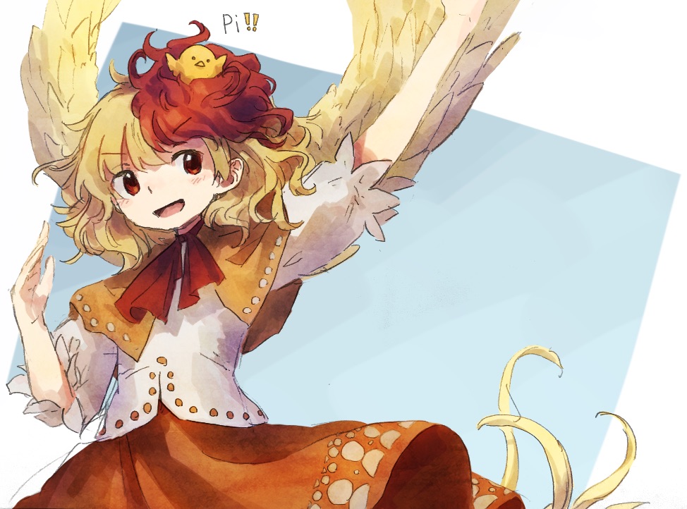 1girl bird bird_girl bird_wings blonde_hair brown_capelet capelet chick commentary_request cowboy_shot feathered_wings flat_chest medium_hair multicolored_hair neck_ribbon niwatari_kutaka open_mouth orange_skirt red_eyes red_hair retrochaossan ribbon shirt skirt smile solo touhou v-shaped_eyebrows white_shirt wings yellow_wings